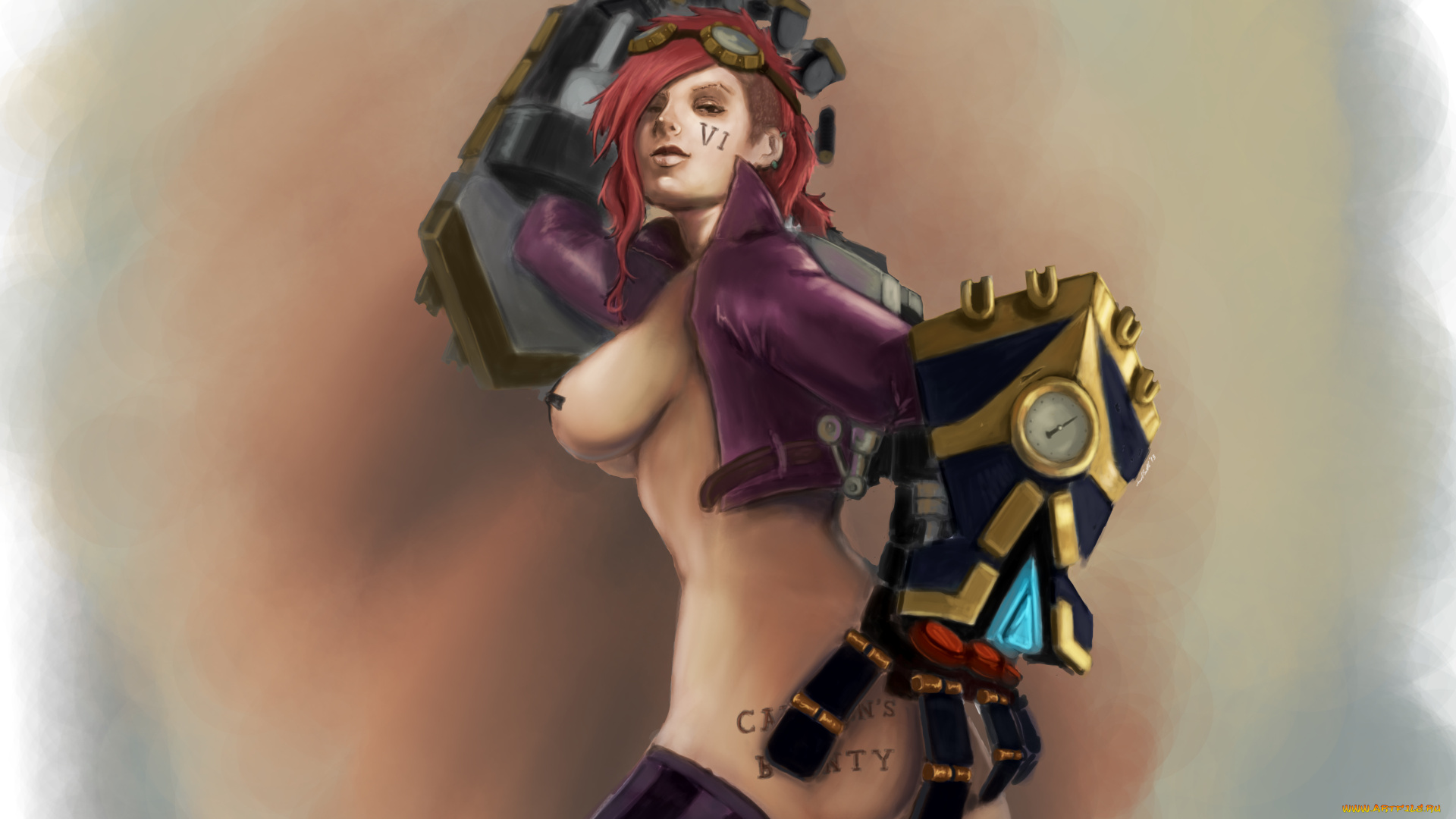 видео, игры, league, of, legends, девушка, арт, обнажена, оружие, league, of, legends, перчатки, металл, фон, vi