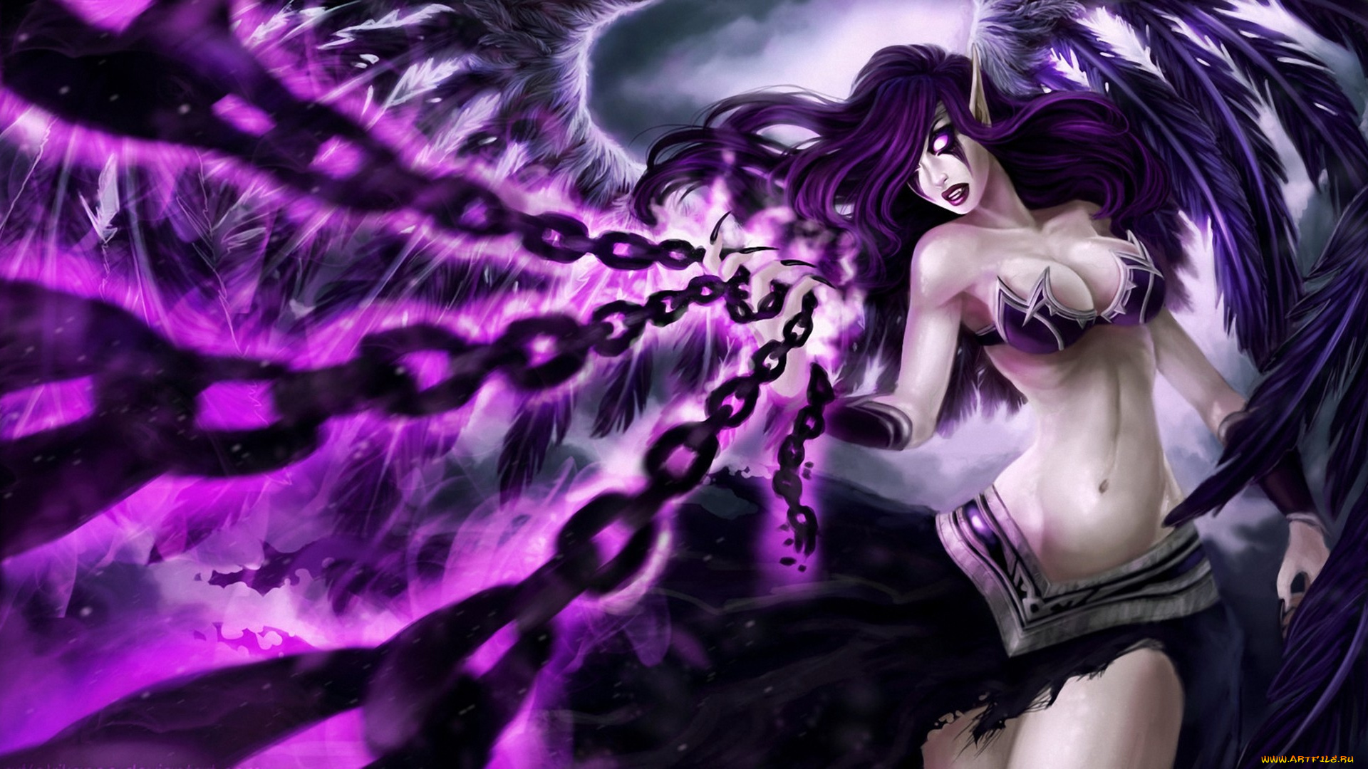 видео, игры, league, of, legends, крылья, цепи, девушка, morgana