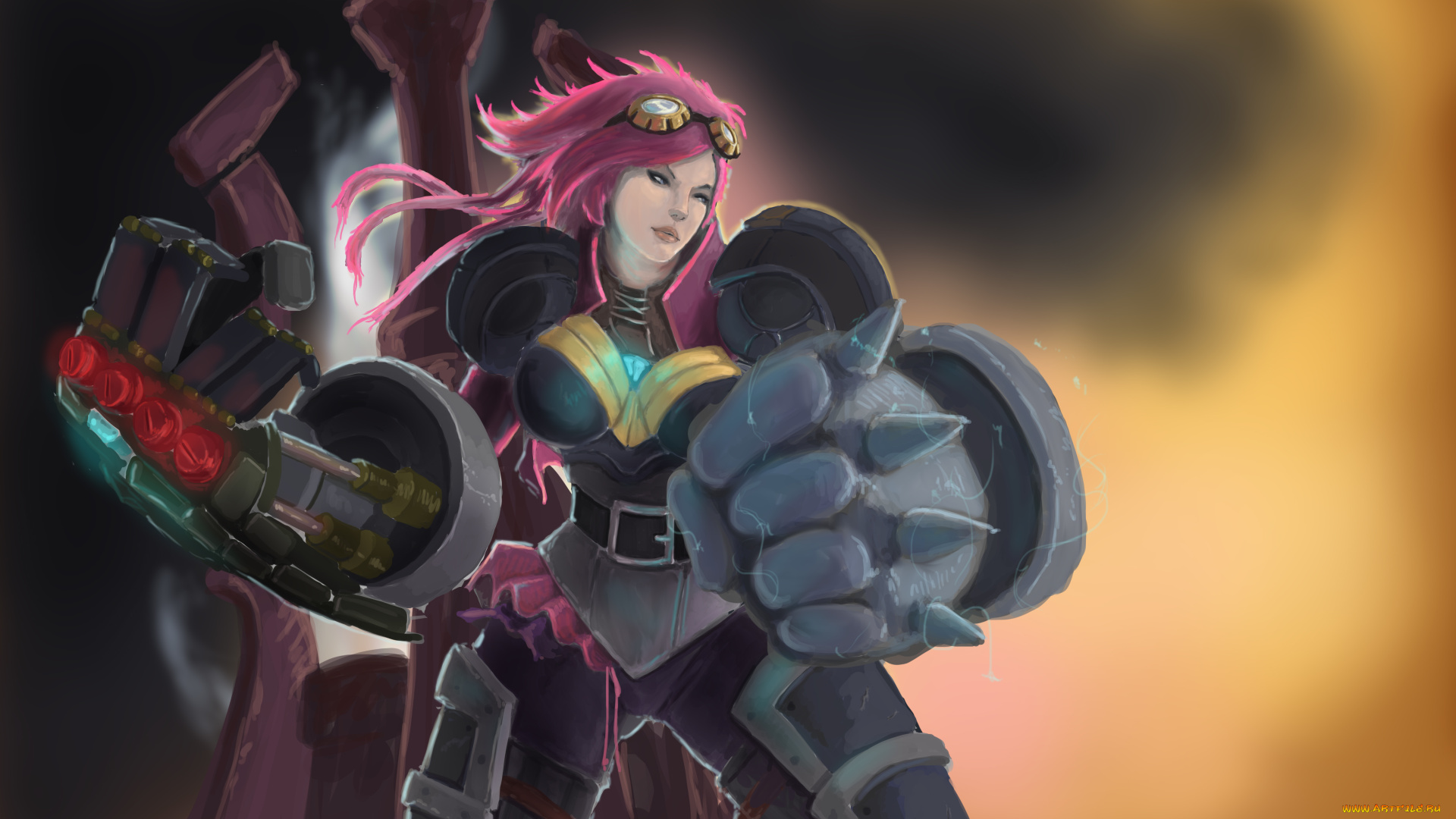 видео, игры, league, of, legends, кулаки, металл, фон, девушка, league, of, legends, vi, арт