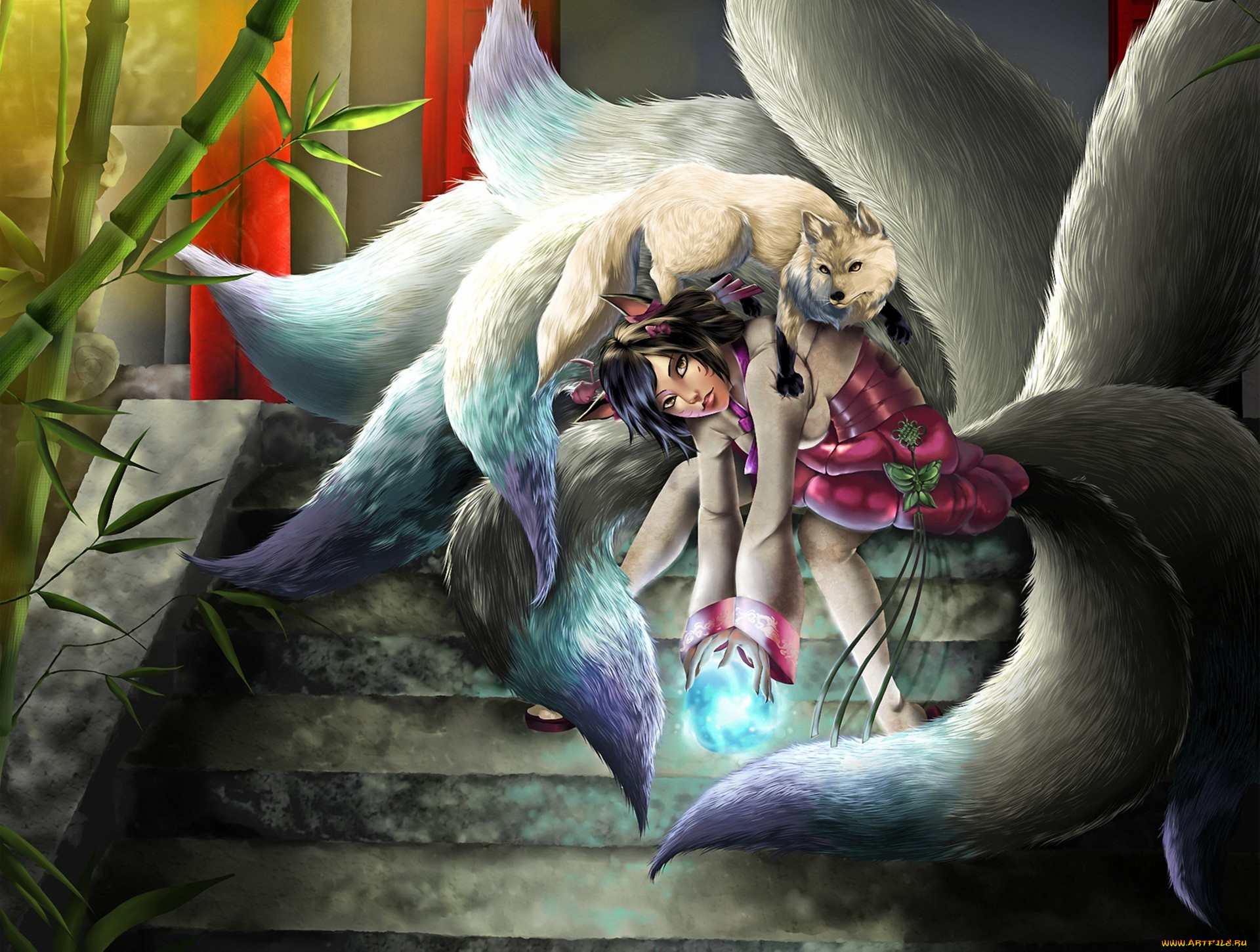 видео, игры, league, of, legends, league, of, legends, ahri, бамбук, хвосты, лисица, девушка, lol