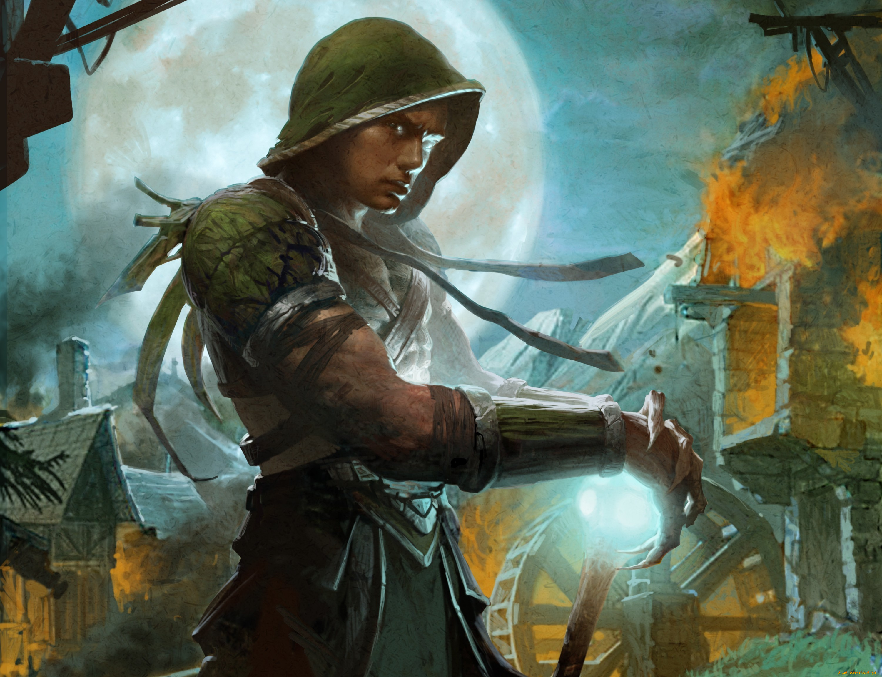 видео, игры, legend, of, the, cryptids, луна, магия, посох, колдун, капюшон, огонь, ночь, поселение, парень