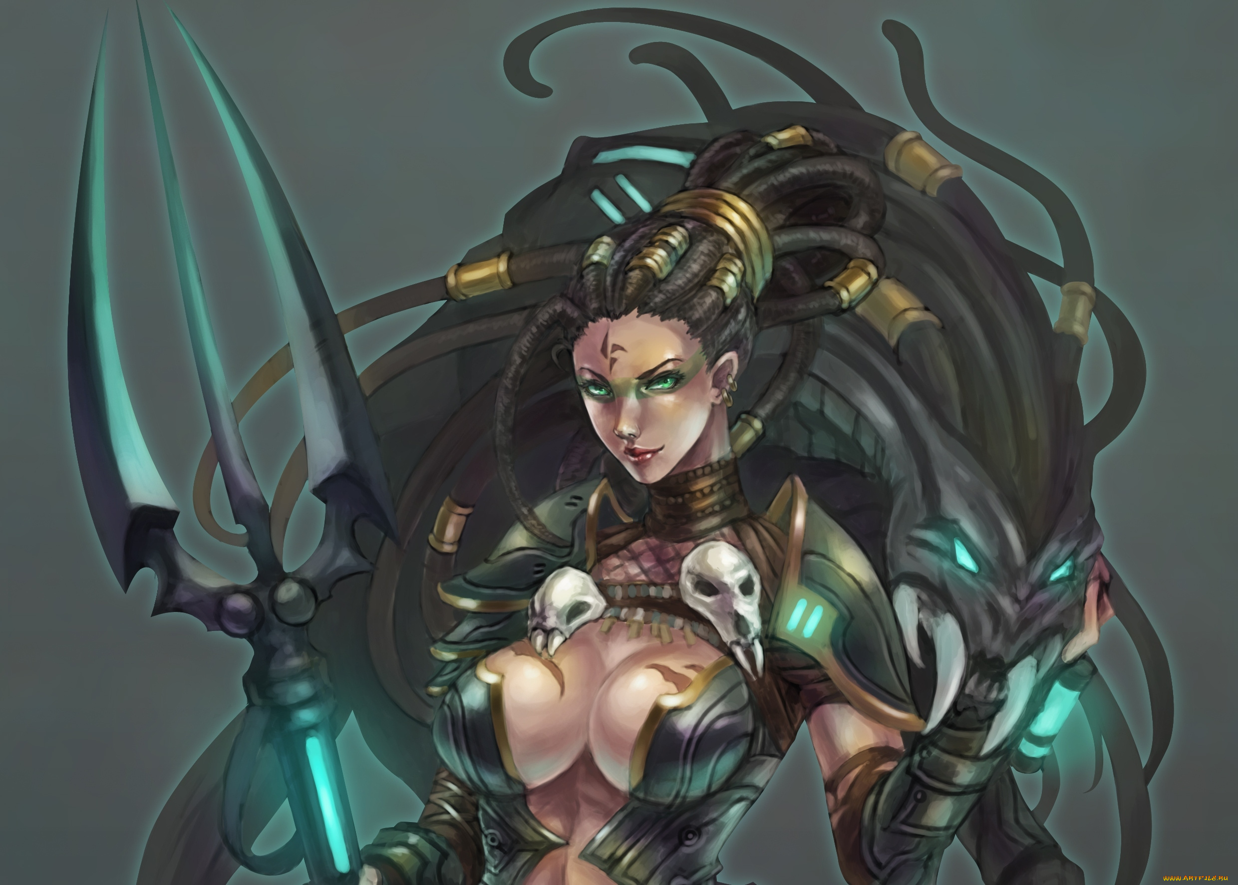 видео, игры, league, of, legends, черепа, league, of, legends, bestial, huntress, nidalee, трезубец, грудь, девушка