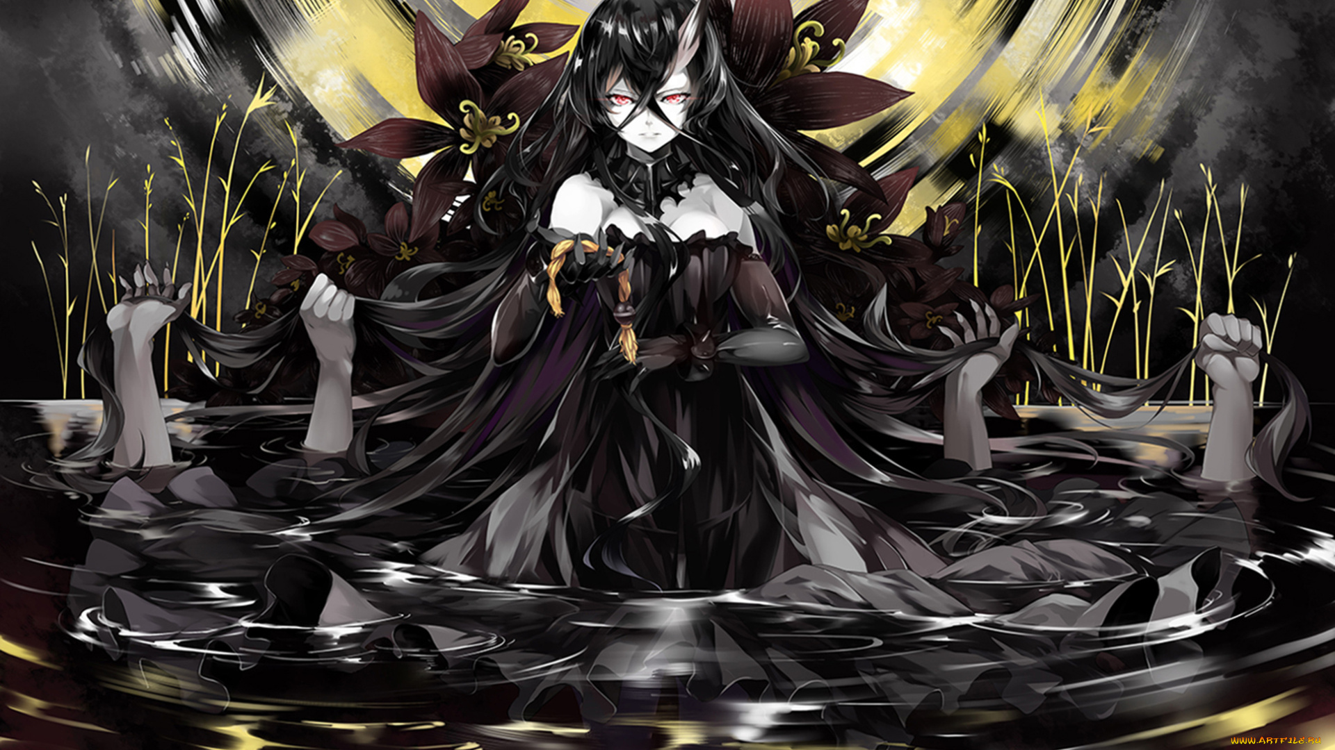 аниме, ангелы, , демоны, руки, коса, девушка, цветы