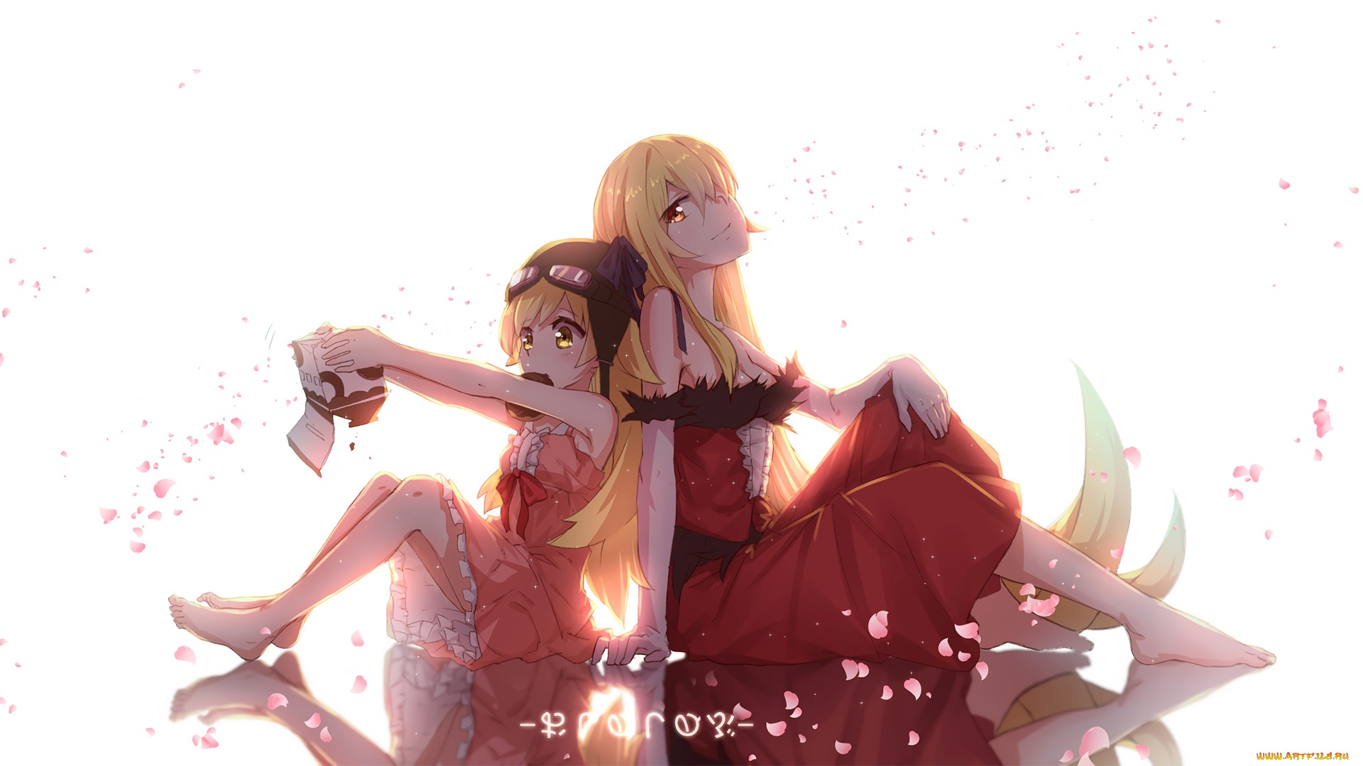 аниме, bakemonogatari, девушки, взгляд, фон