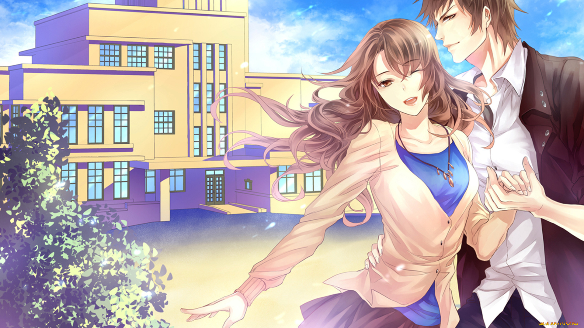 аниме, город, , улицы, , здания, sukiblog, art, ветер, школа, парень, девушка