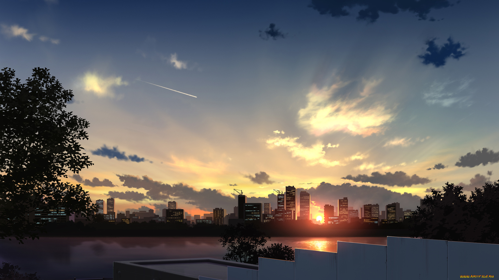 аниме, город, , улицы, , здания, закат