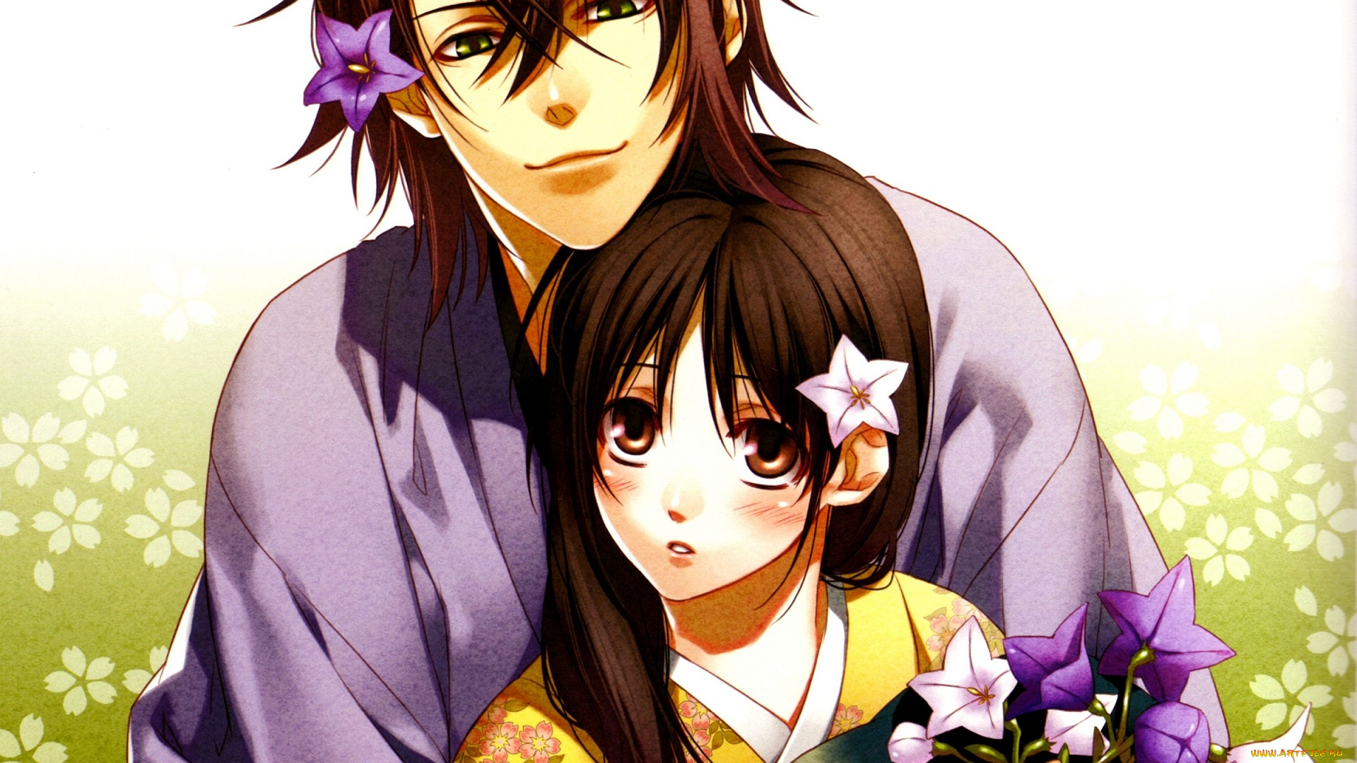 аниме, hakuoki, парень, девушка, цветы