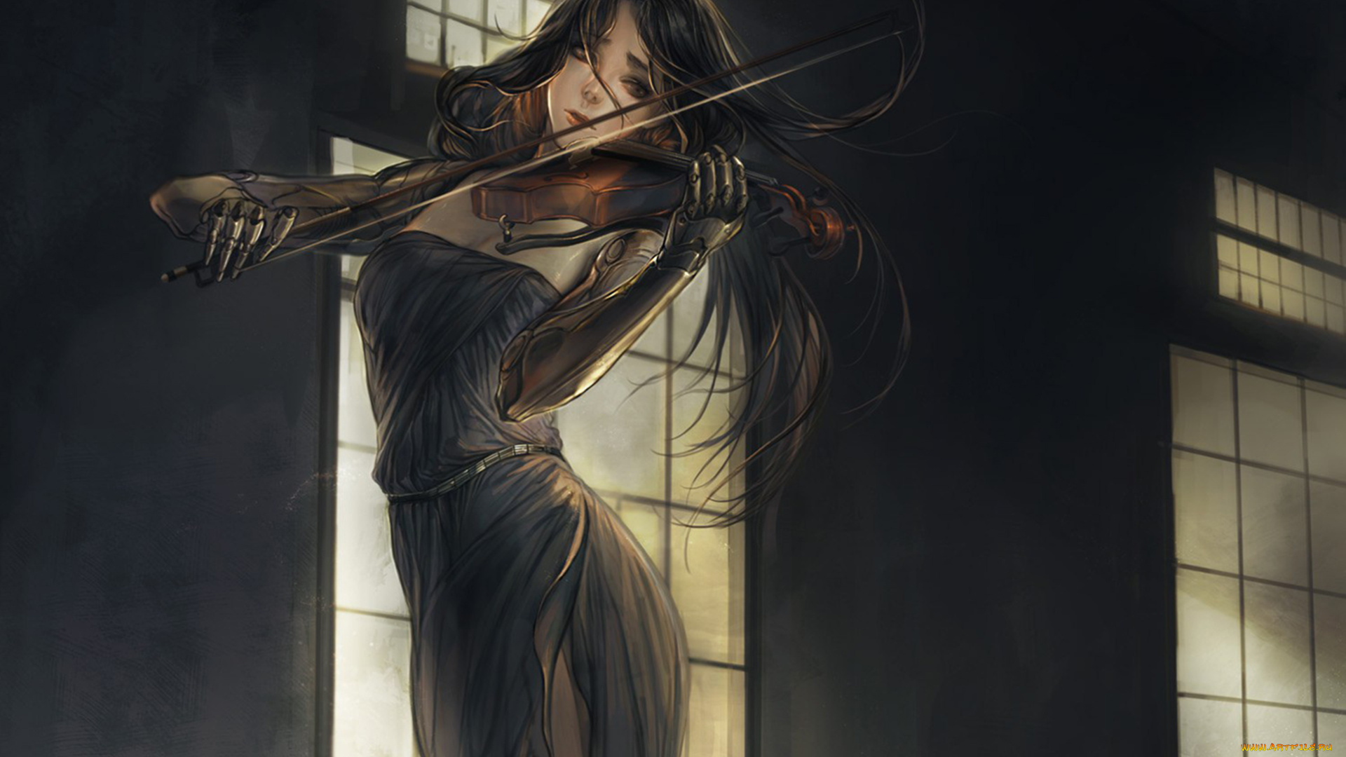 аниме, музыка, играет, скрипка, девушка, робот, окна