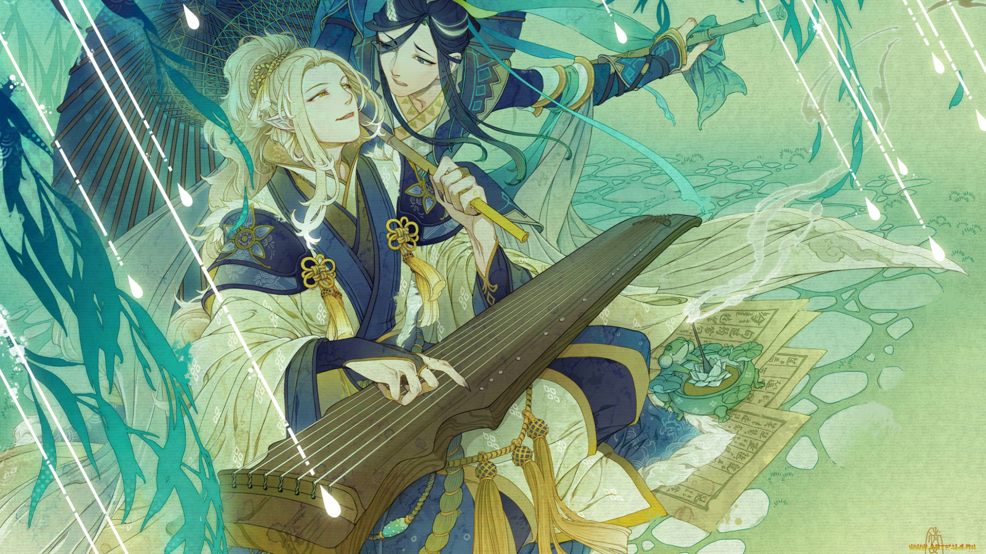 аниме, музыка, музыкальный, инструмент, когти, уши, листы, зонт, парни