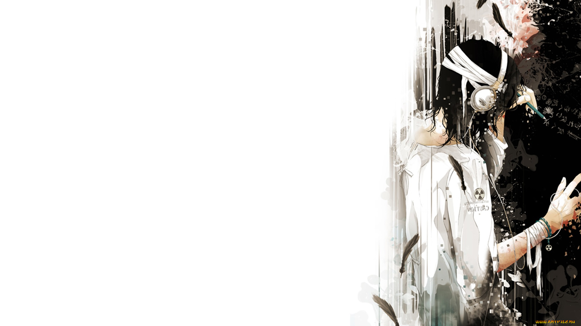 аниме, музыка, наушники, парень, бинт, знак, радиации, карандаш, перья, иероглифы