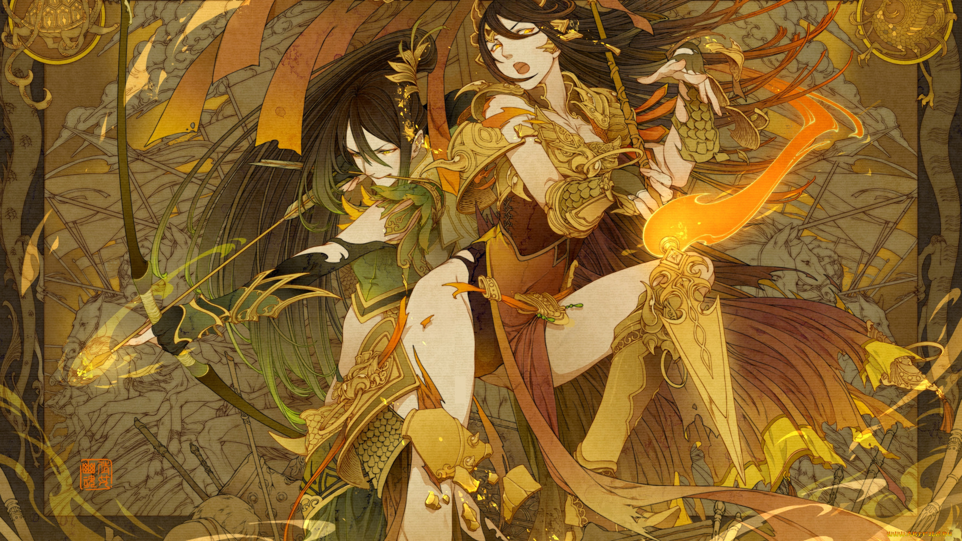 аниме, оружие, , техника, , технологии, девушка, парень, огонь, копье, стрелы