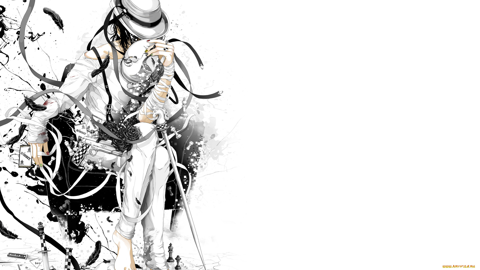 аниме, оружие, , техника, , технологии, розы, череп, перья, маска, пистолет, парень, ленты, шахматы, шляпа, карты, ножи