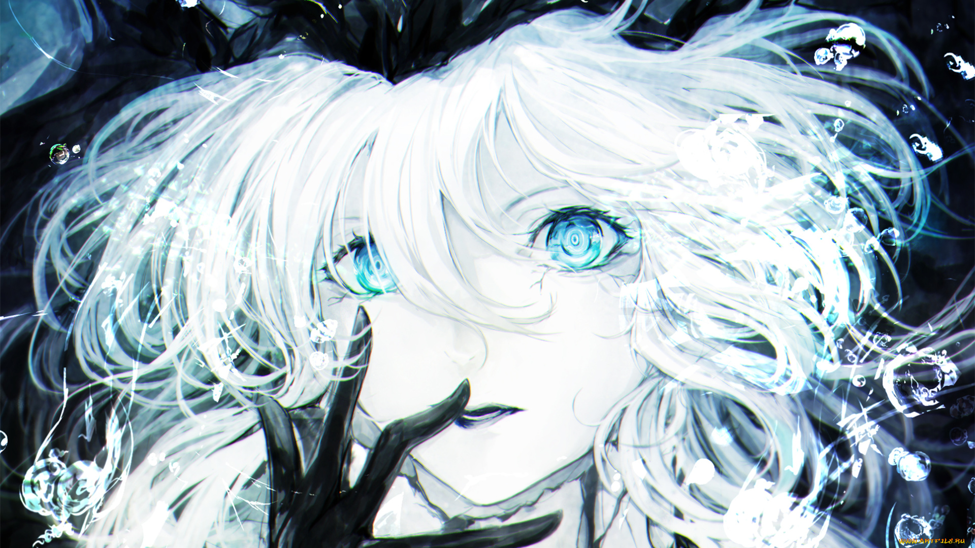 аниме, unknown, , другое, белые, волосы, голубые, глаза, пузыри, крупный, план, девушка