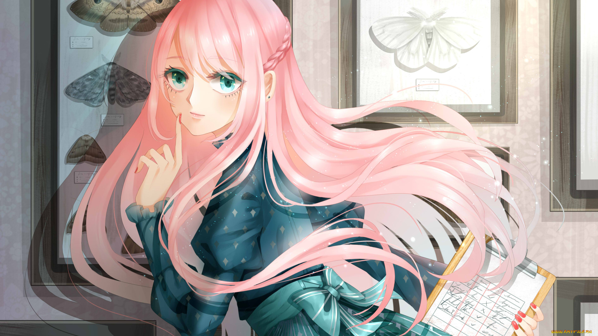 аниме, unknown, , другое, девушка, бабочки, знак, тишины, коса, улыбка, розовые, волосы, бант