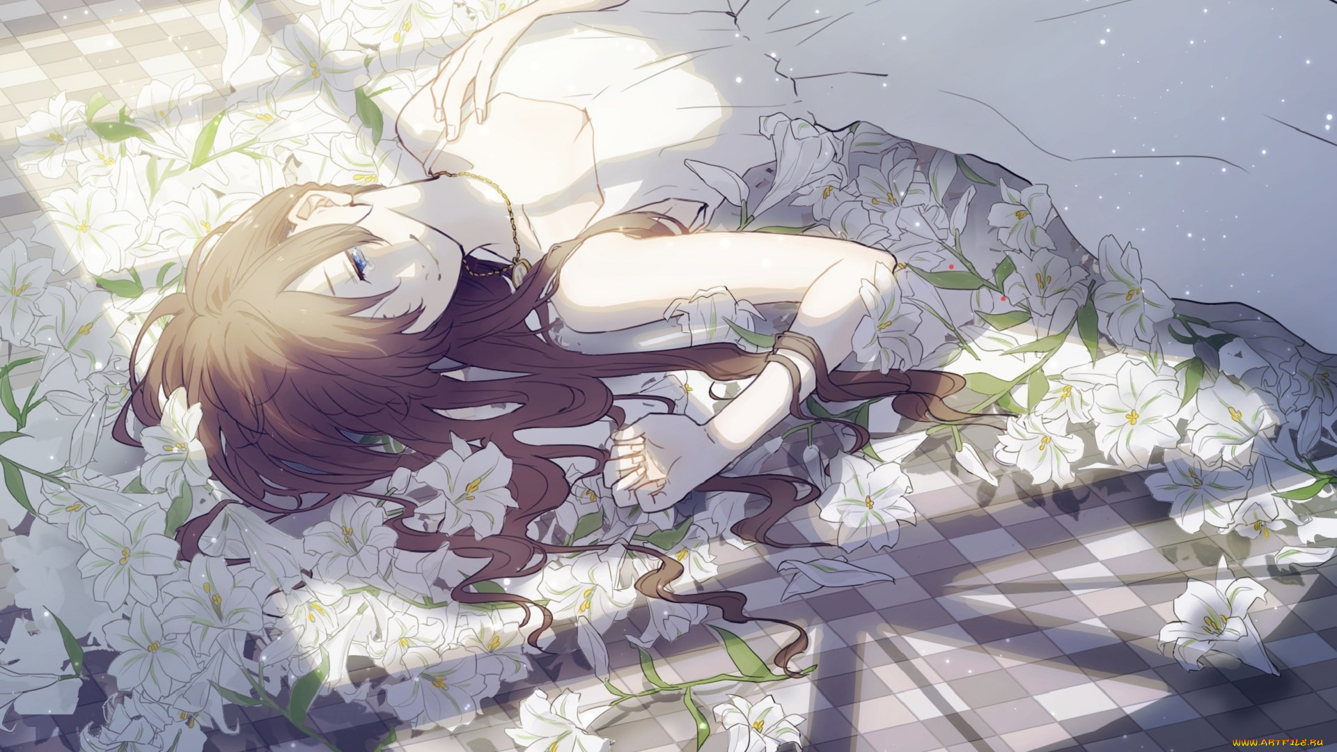 аниме, unknown, , другое, лилии, девушка