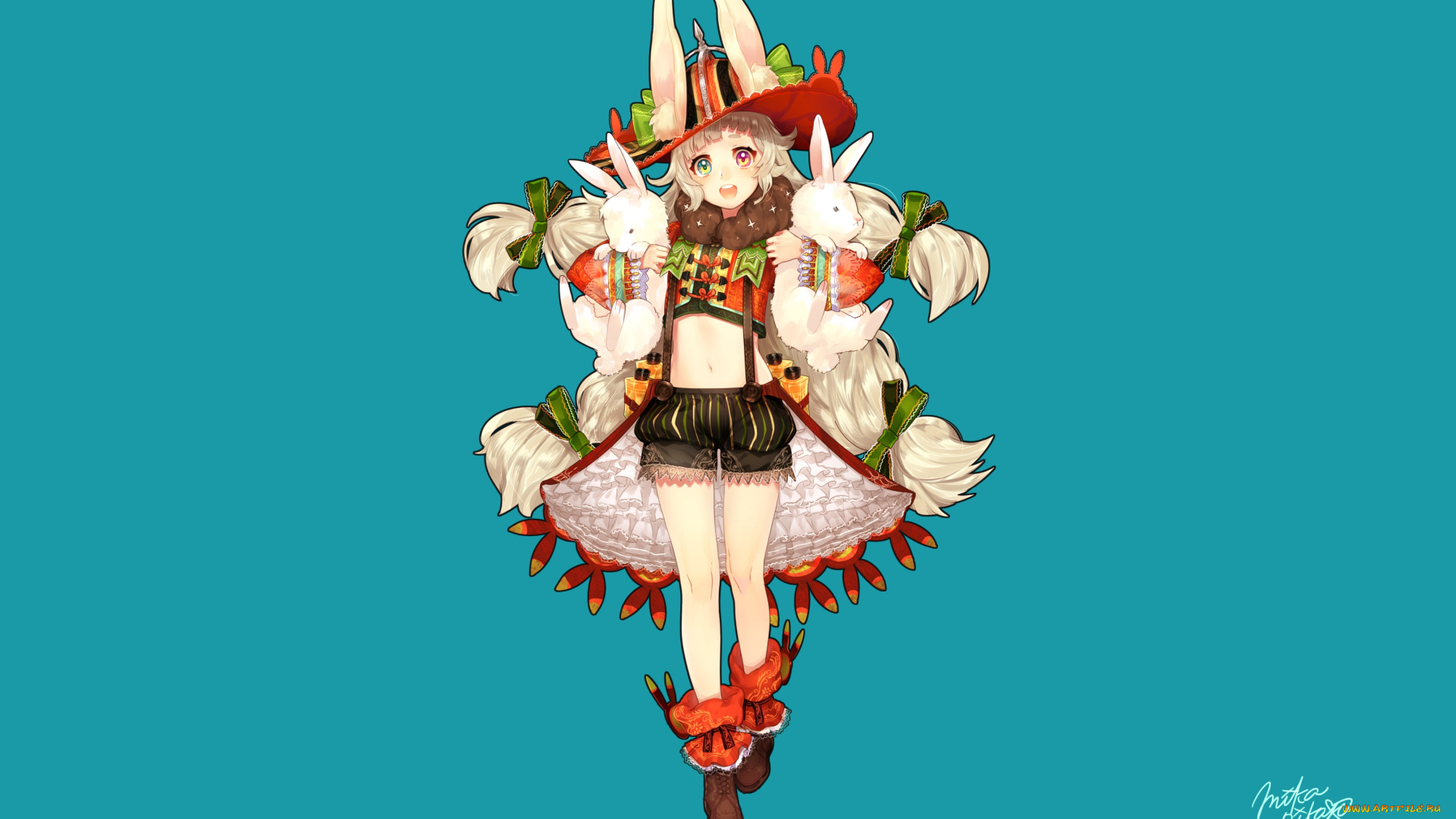 аниме, животные, , существа, девушка, взгляд, фон, кролики