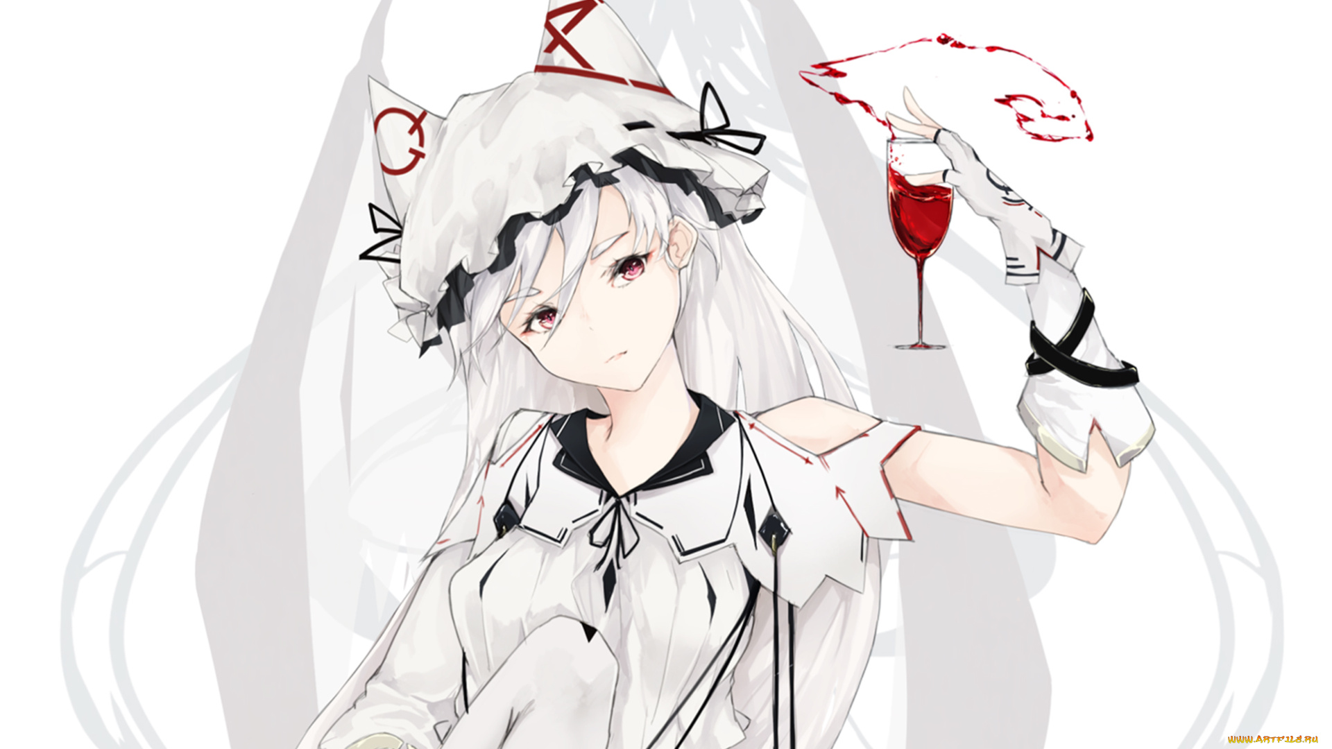 аниме, животные, , существа, перчатки, уши, бокал, девушка
