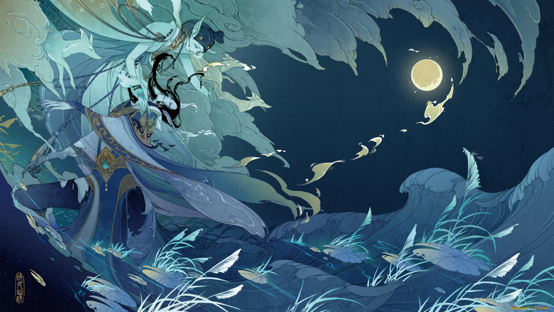 аниме, животные, , существа, волны, когти, уши, ночь, луна, парень, девушка