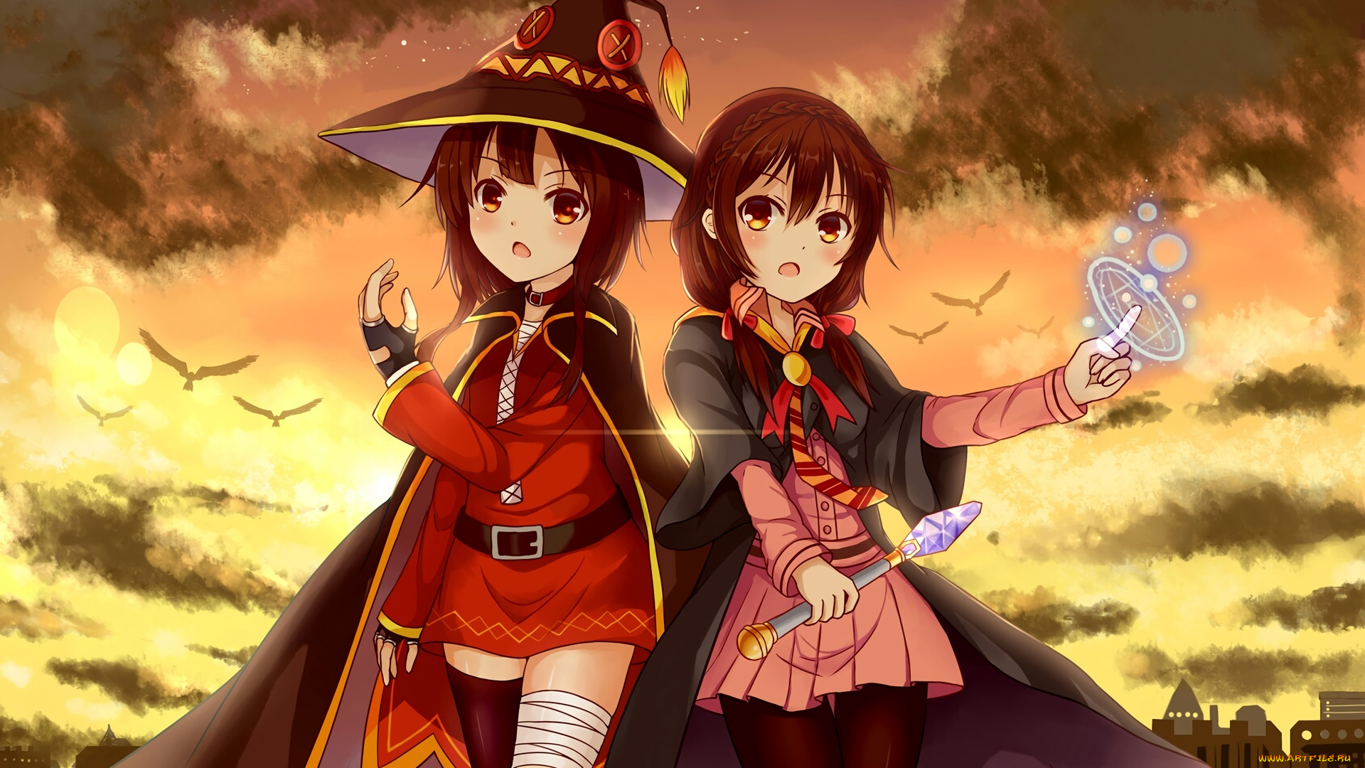 kono, subarashii, sekai, ni, shukufuku, wo, аниме, девушки, взгляд, фон