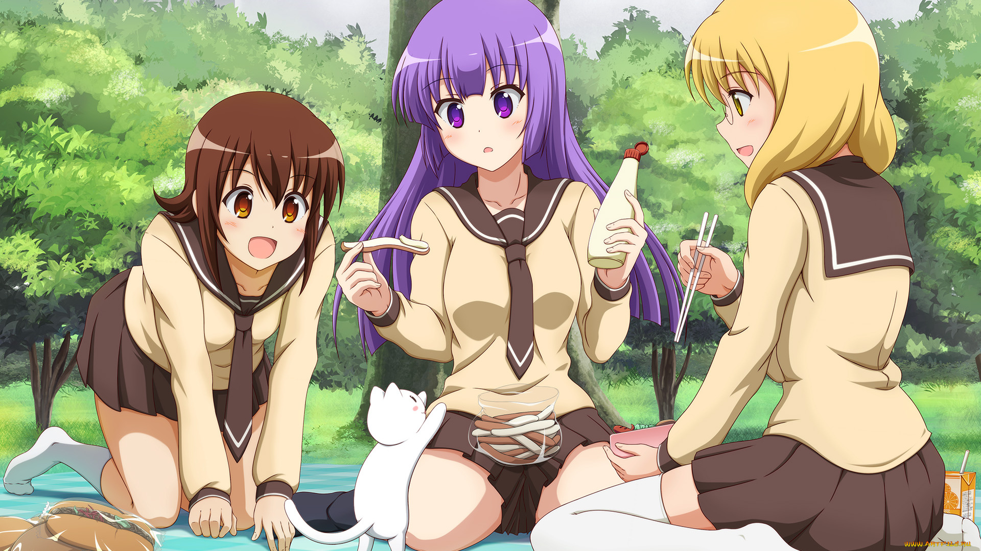 sansha, sanyou, аниме, девушки, взгляд, фон