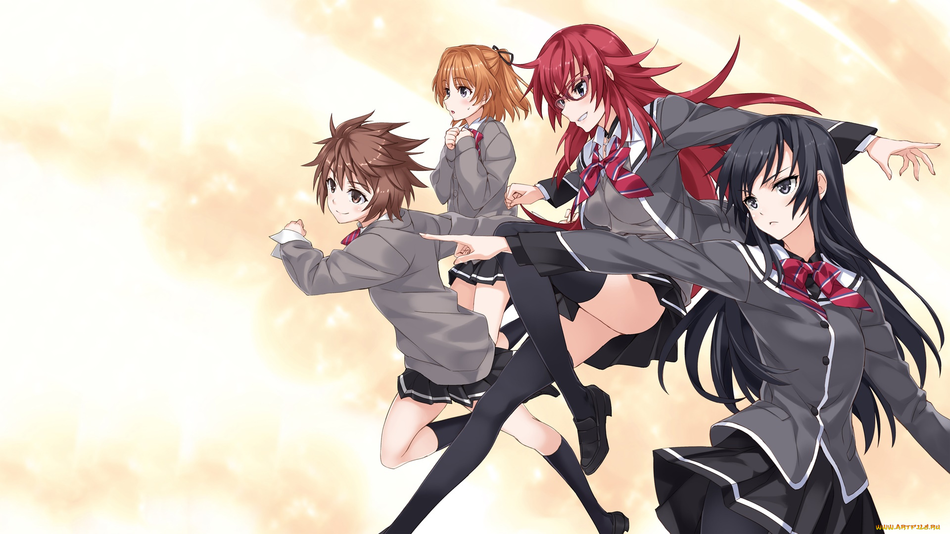 shokomeza, аниме, девушки, взгляд, фон