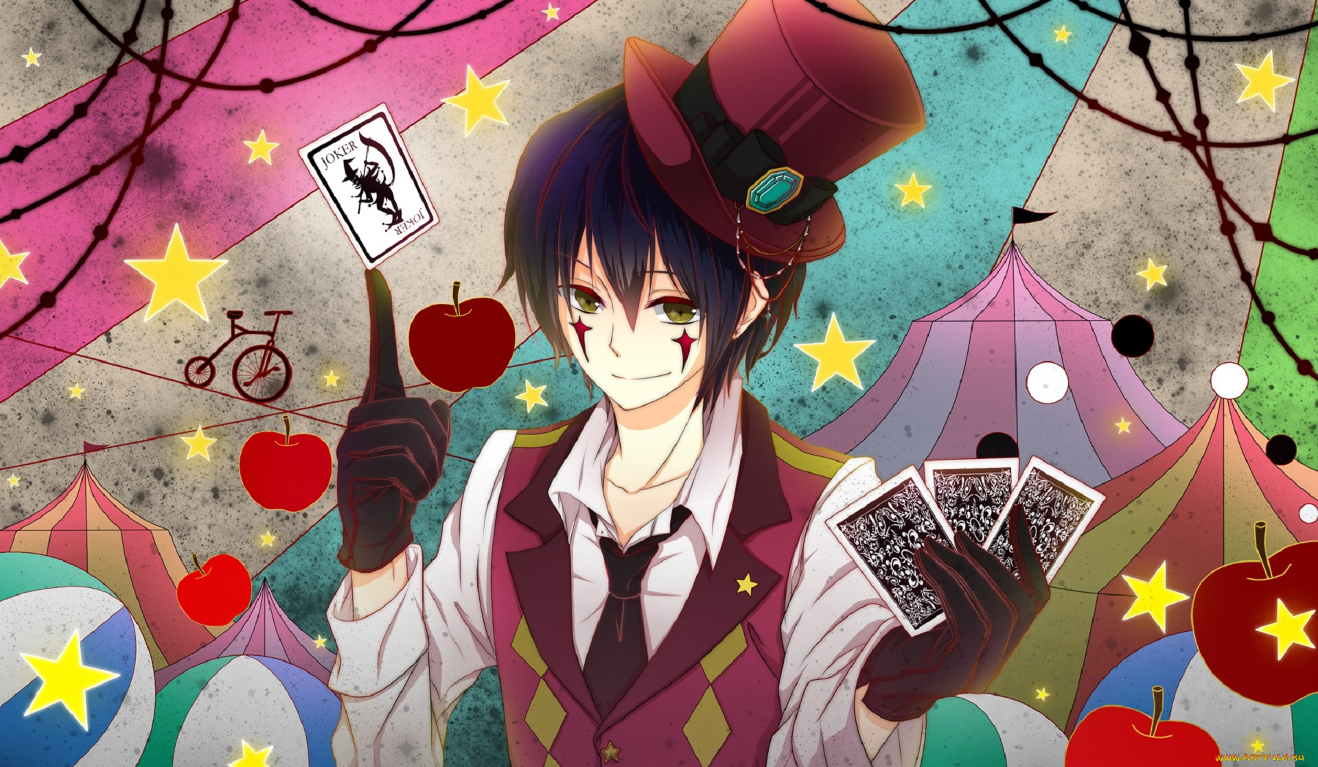 аниме, unknown, , другое, парень, клоун, карты, шляпа