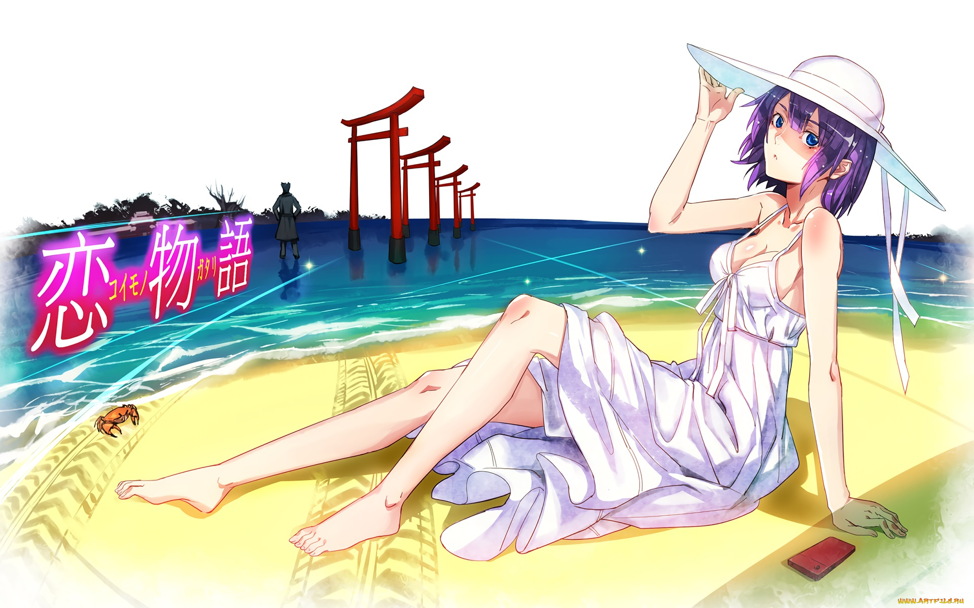 аниме, bakemonogatari, девушка, взгляд, фон