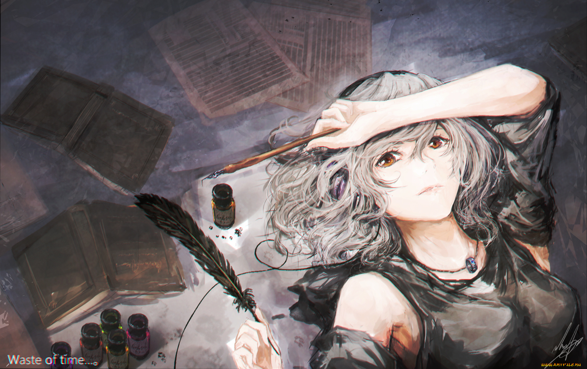 аниме, unknown, , другое, кольцо, наушники, чернила, перо, книги, лежит, девушка