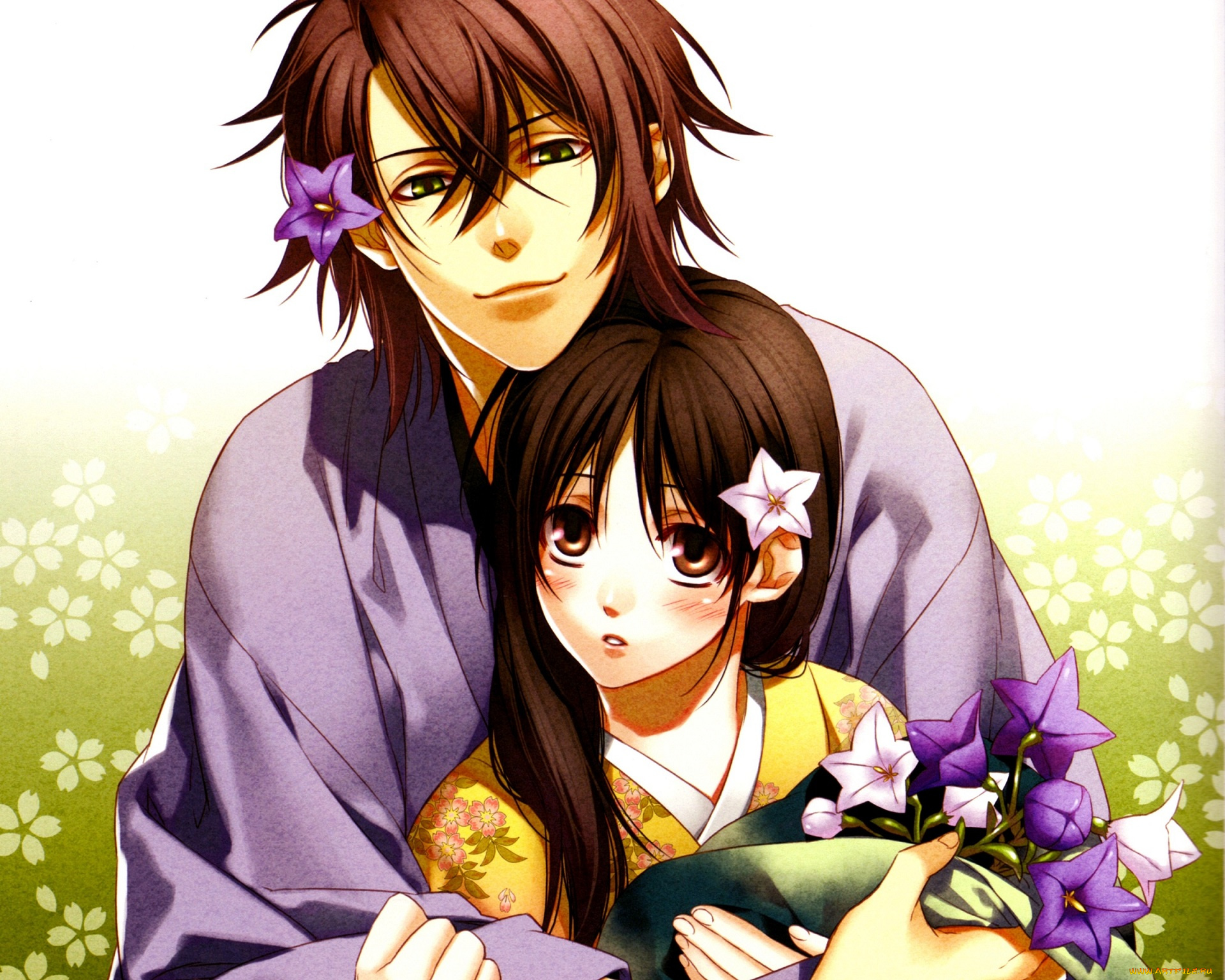 аниме, hakuoki, парень, девушка, цветы