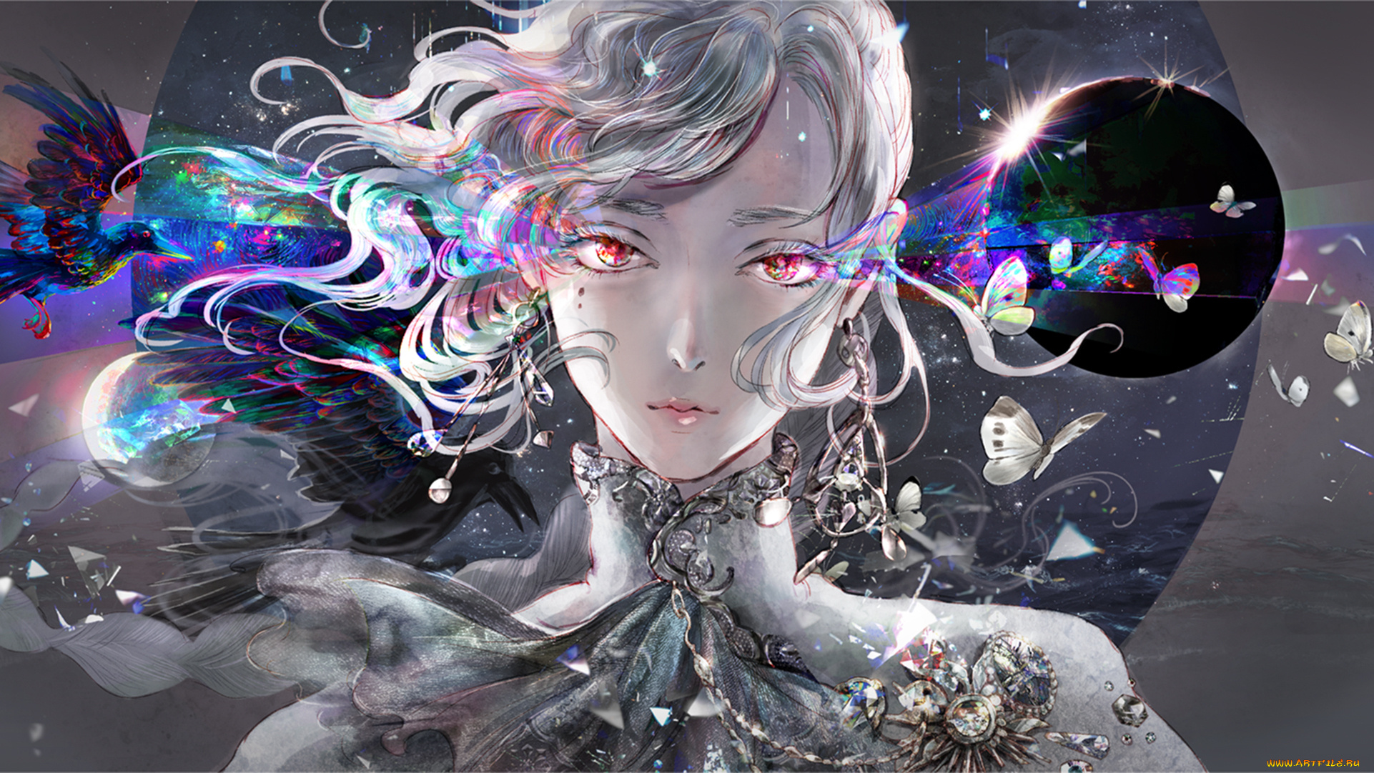 аниме, животные, , существа, сфера, камни, птицы, бабочки, серьги, девушка