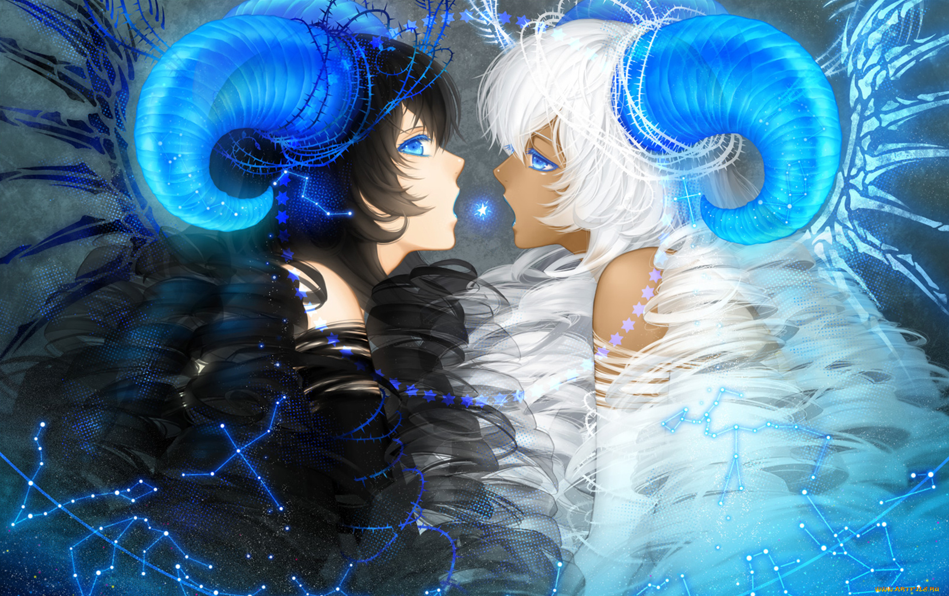 аниме, ангелы, , демоны, созвездия, звезда, рога, девушки