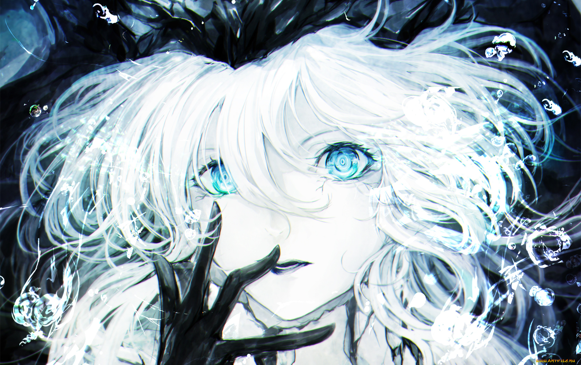 аниме, unknown, , другое, белые, волосы, голубые, глаза, пузыри, крупный, план, девушка