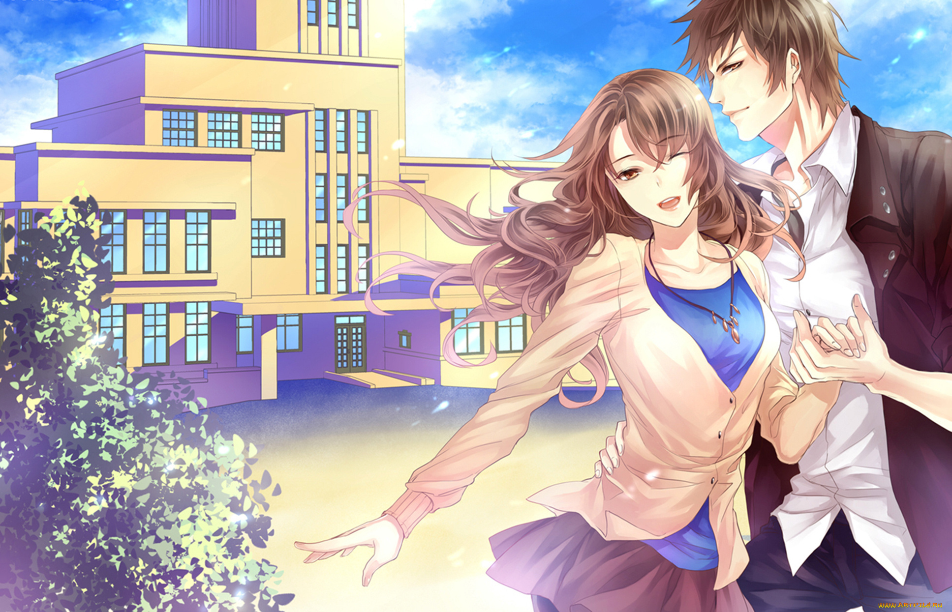 аниме, город, , улицы, , здания, sukiblog, art, ветер, школа, парень, девушка