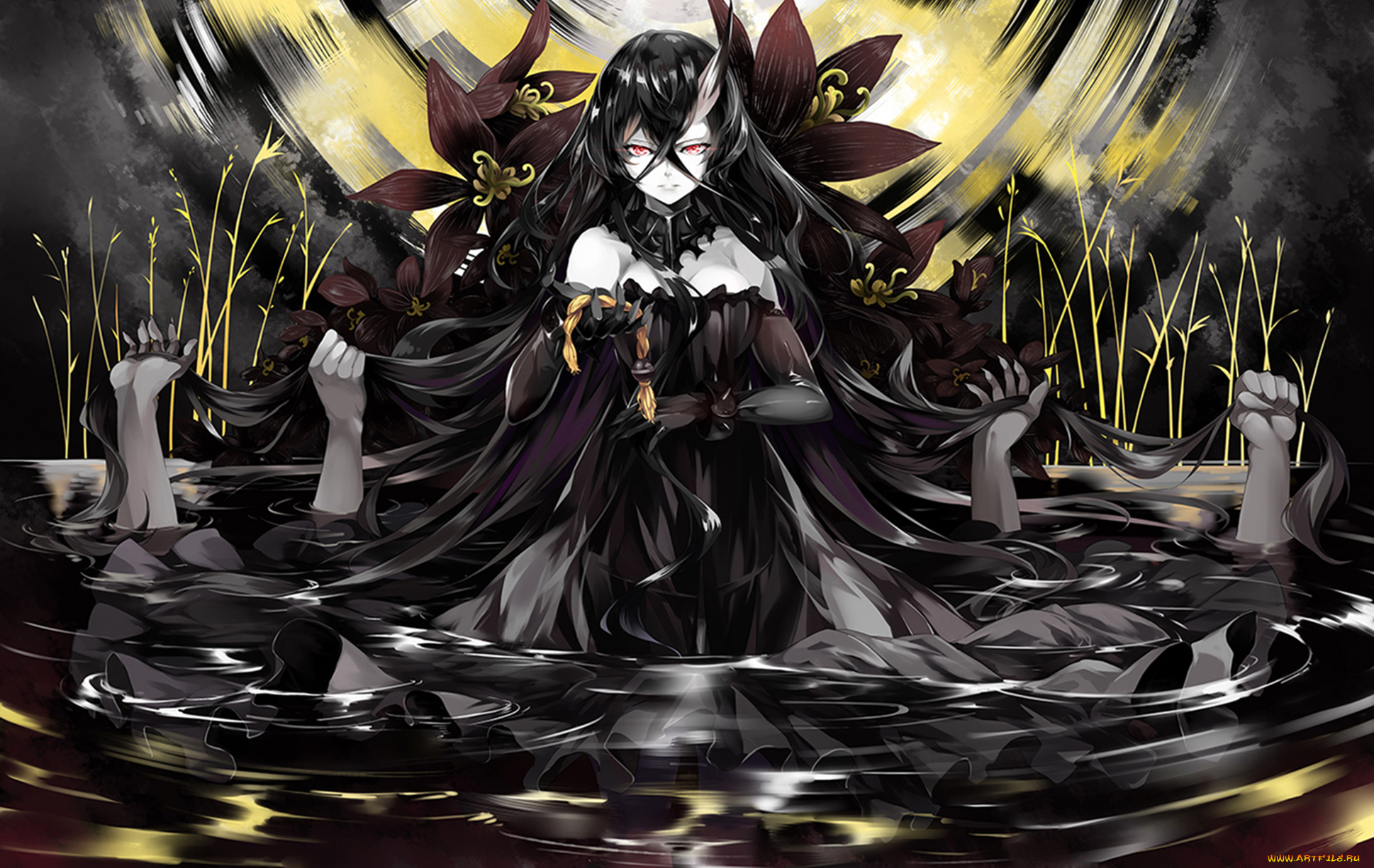 аниме, ангелы, , демоны, руки, коса, девушка, цветы