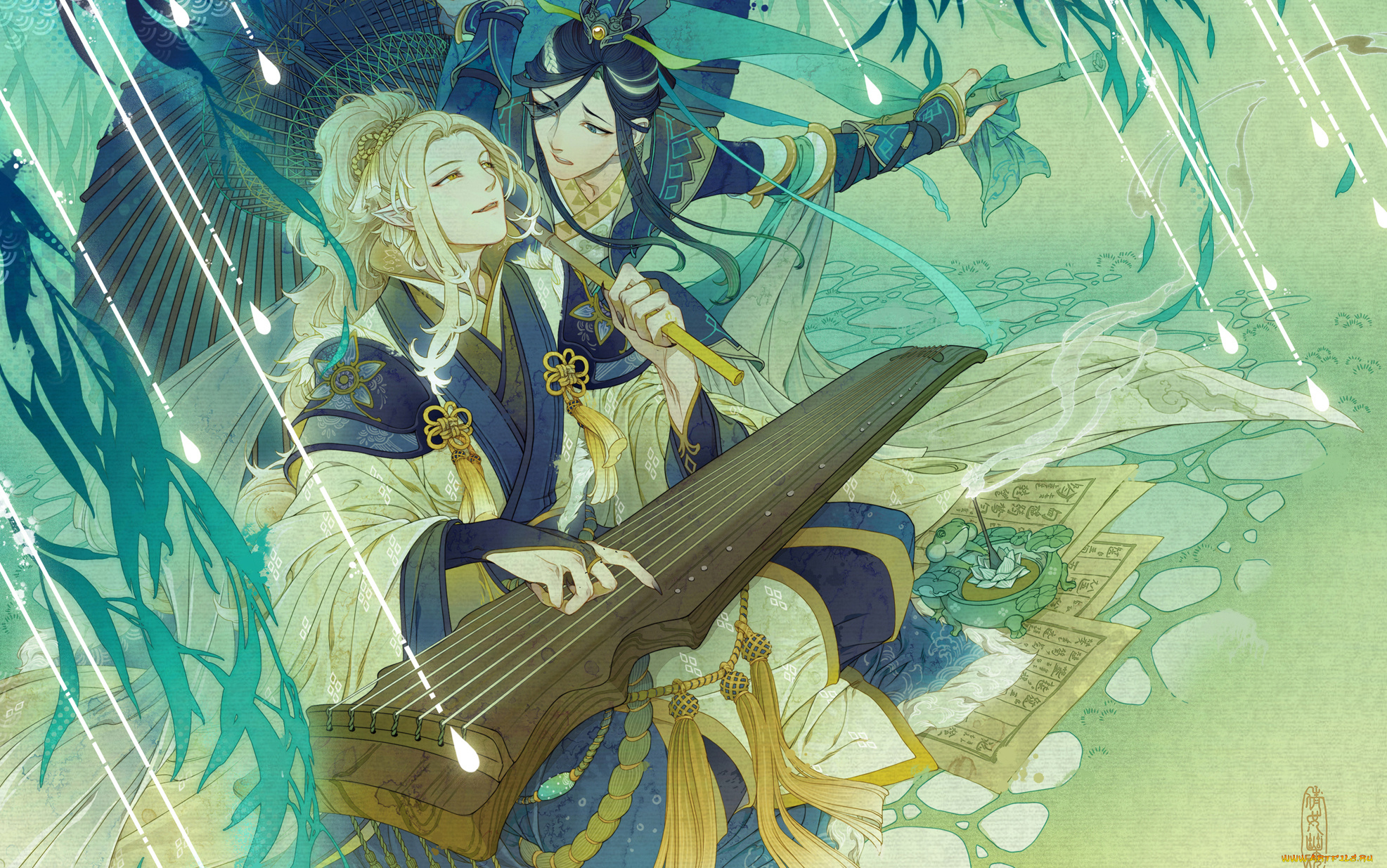 аниме, музыка, музыкальный, инструмент, когти, уши, листы, зонт, парни