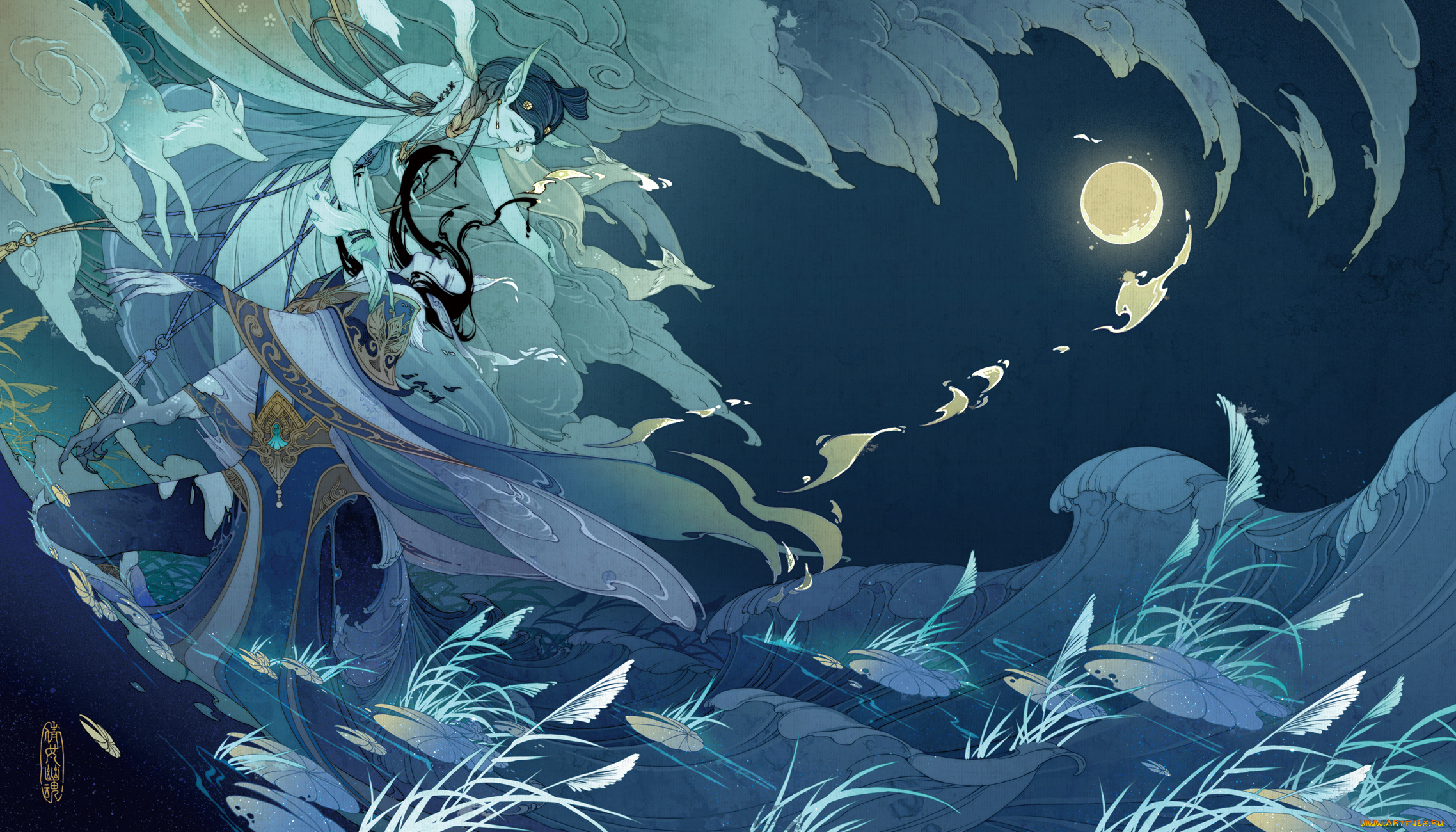 аниме, животные, , существа, волны, когти, уши, ночь, луна, парень, девушка