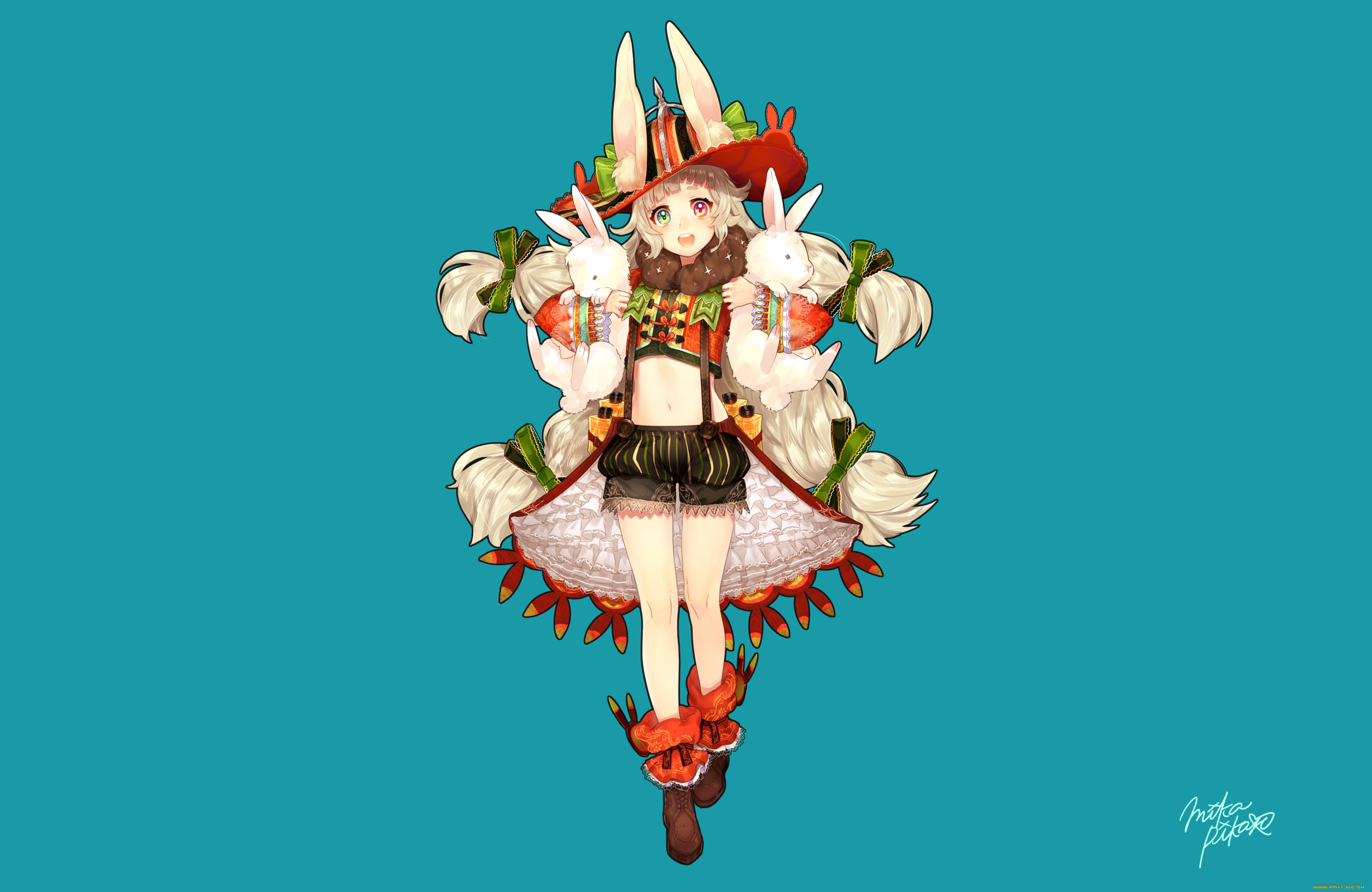 аниме, животные, , существа, девушка, взгляд, фон, кролики