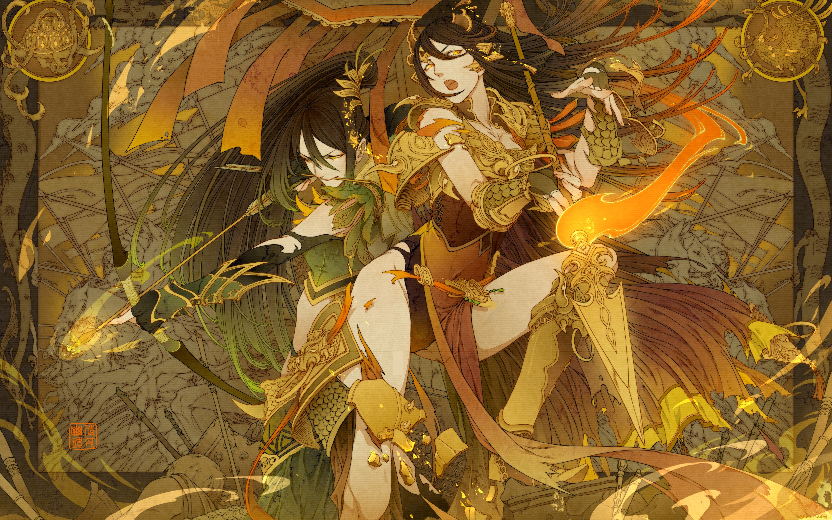 аниме, оружие, , техника, , технологии, девушка, парень, огонь, копье, стрелы