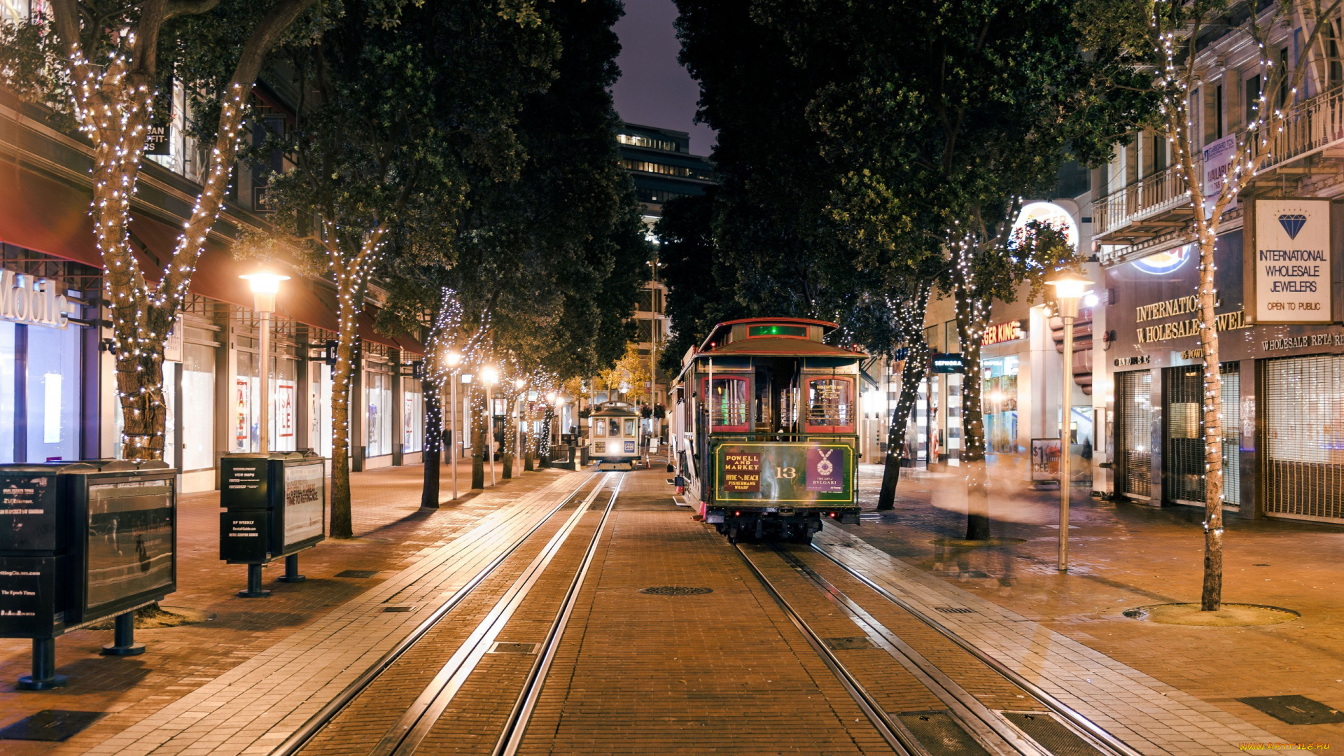 города, сан-франциско, , сша, вечер, улица, трамваи, фонари