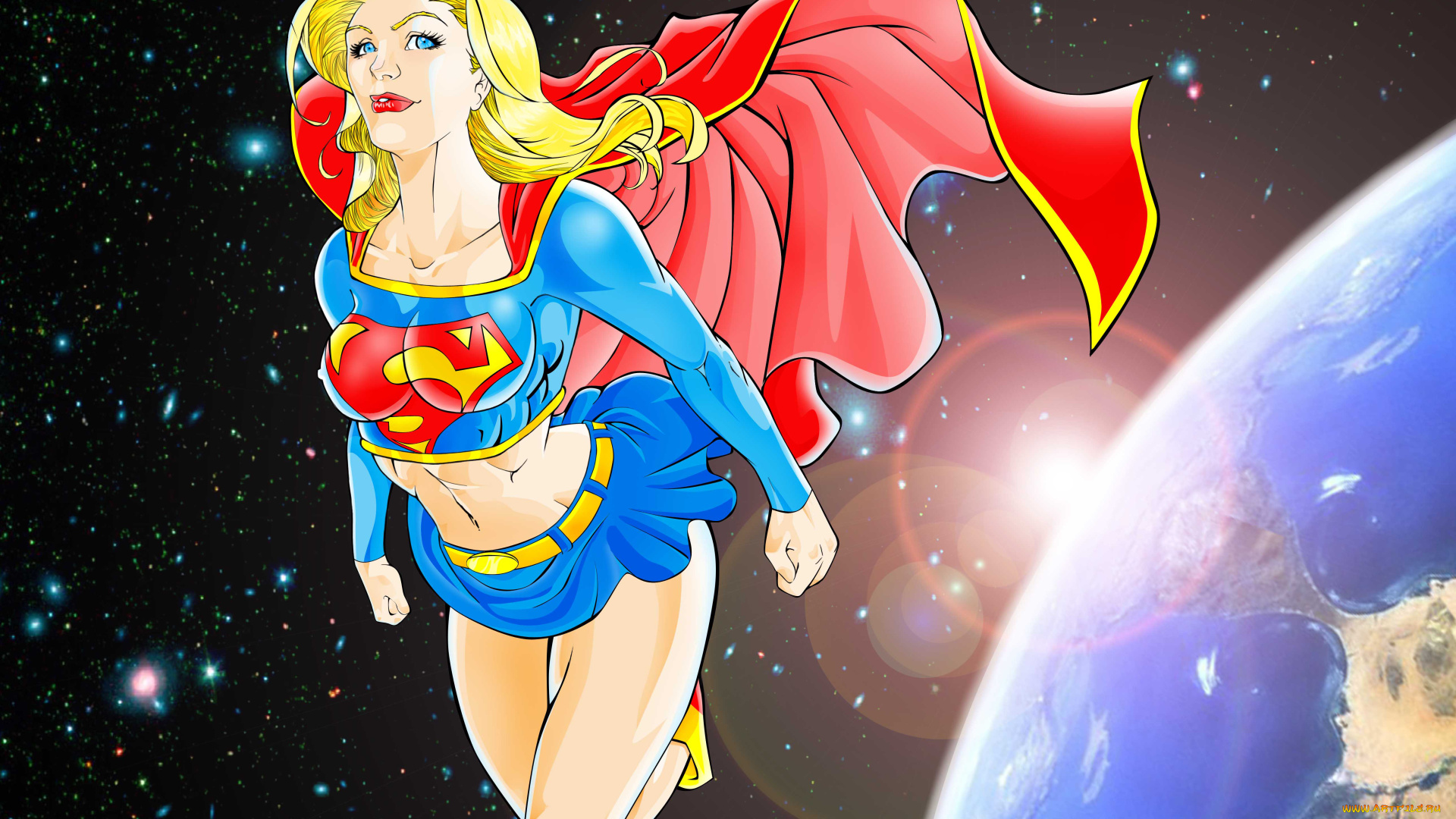 рисованное, комиксы, взгляд, планета, униформа, фон, девушка, космос