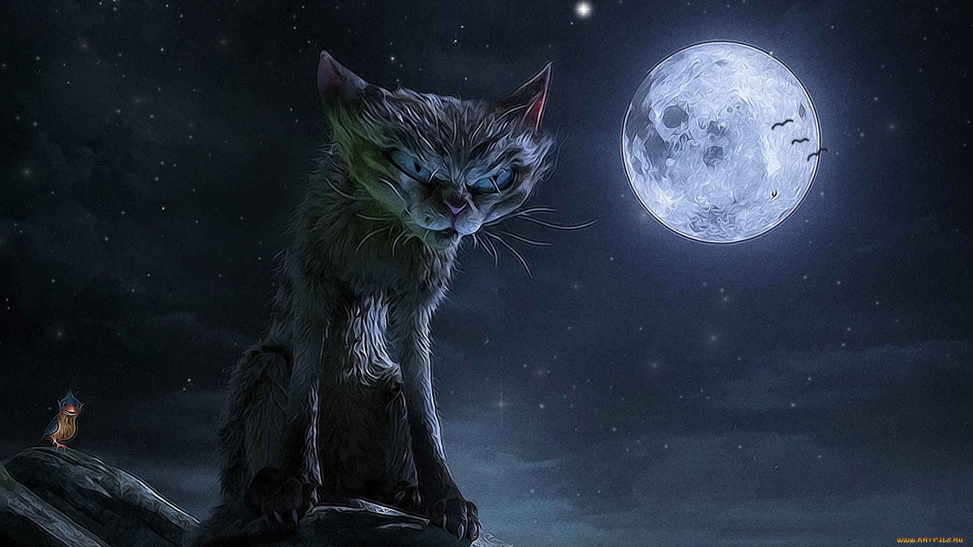 рисованное, животные, птица, фон, луна, кот