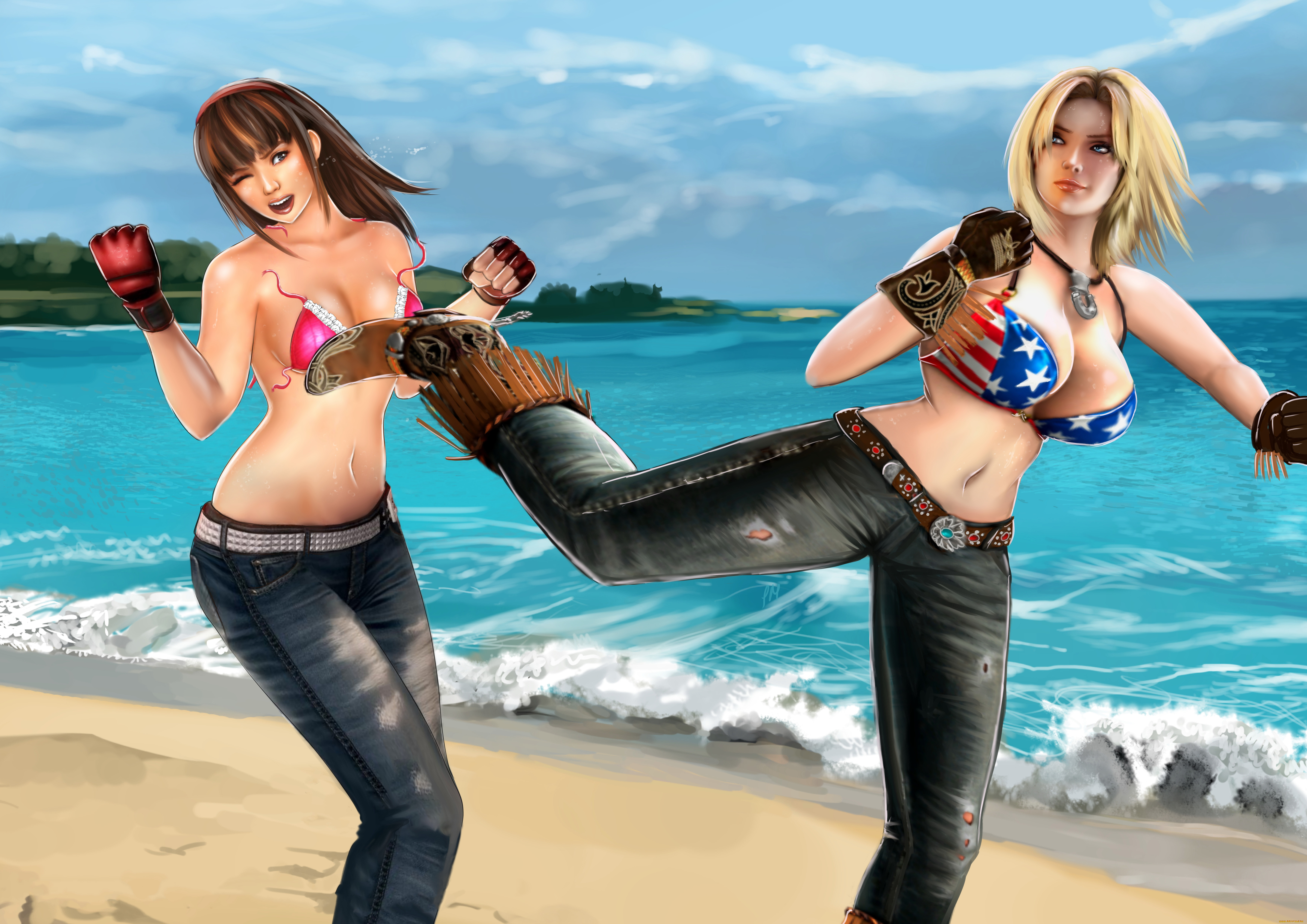 рисованное, комиксы, девушки, бой, фон, море