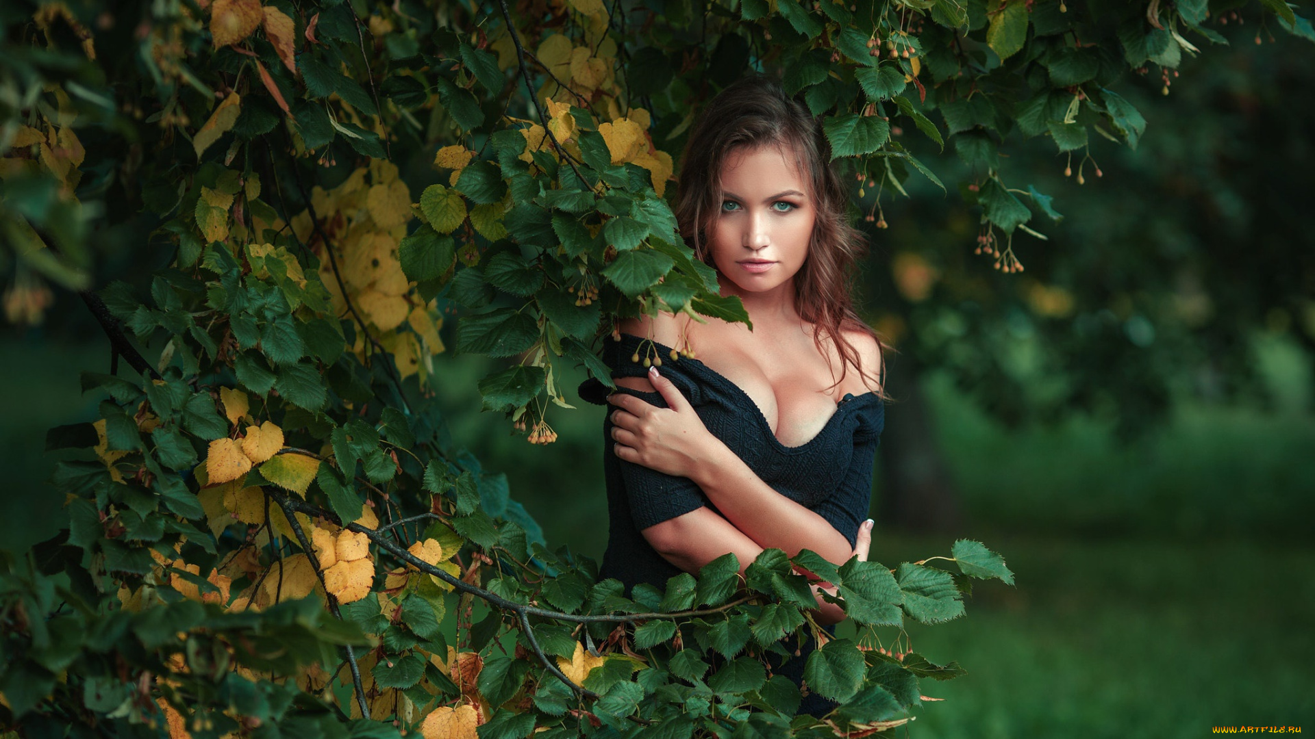 девушка, девушки, -unsort, , брюнетки, темноволосые, модель, зеленая, рубашка, декольте, зеленые, глаза, на, улице, деревья, ветка, листья, природа, смотрит, зрителя, nicole, young