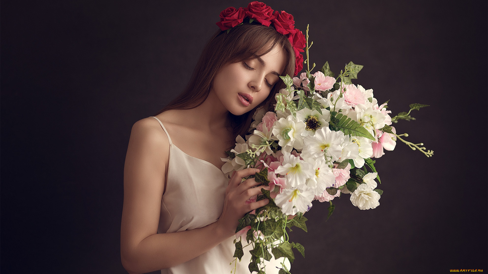 девушки, -unsort, , брюнетки, темноволосые, настроение, евгений, сибиряев, розы, букет, фон, венок, валерия, цветы