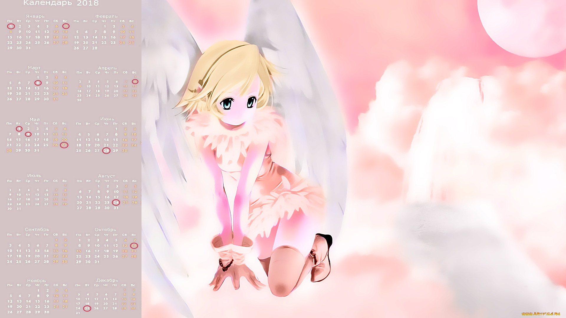 календари, аниме, крылья, взгляд, девушка