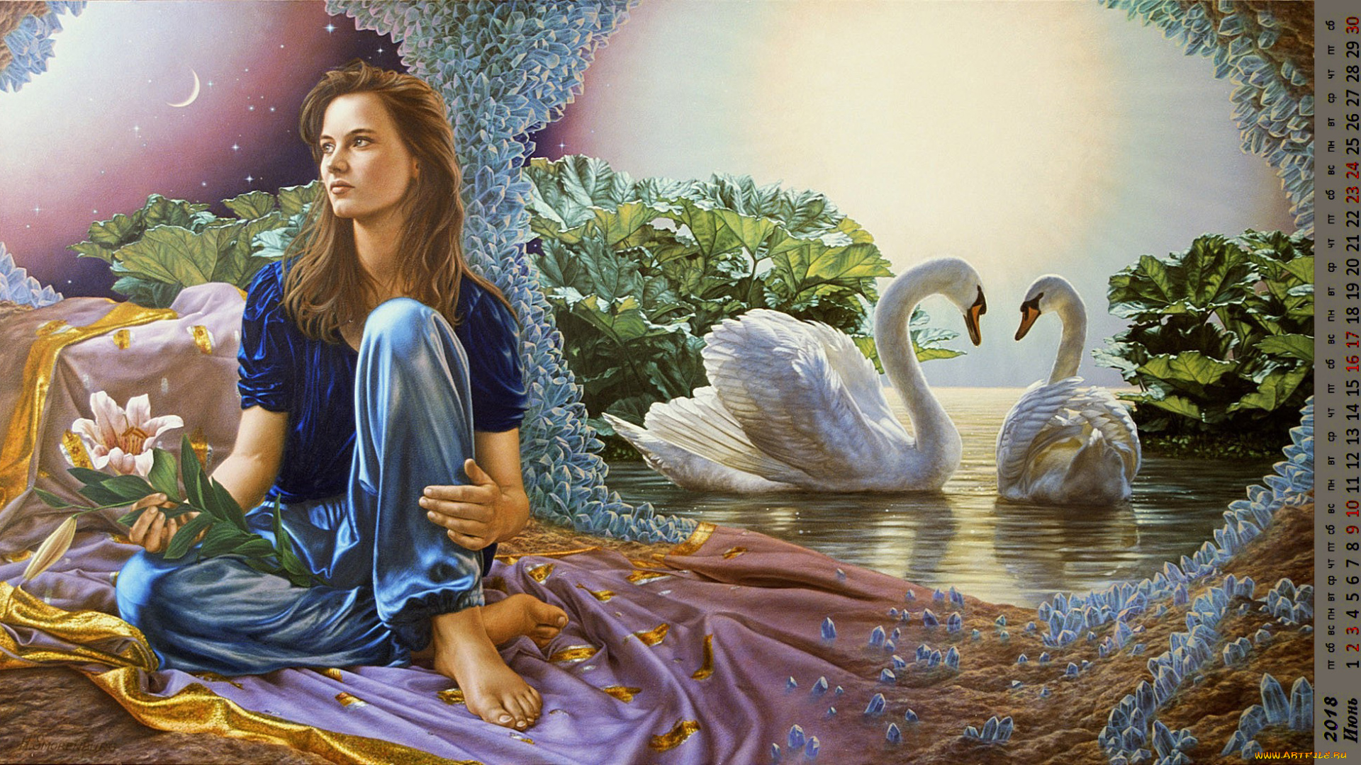 календари, рисованные, , векторная, графика, взгляд, девушка, цветы, лебеди