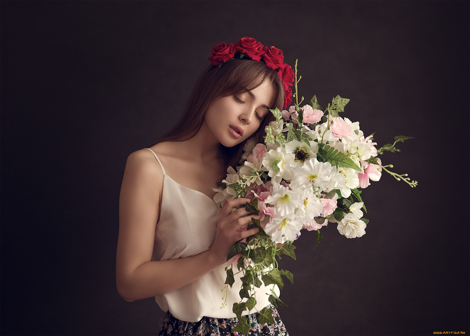 девушки, -unsort, , брюнетки, темноволосые, настроение, евгений, сибиряев, розы, букет, фон, венок, валерия, цветы