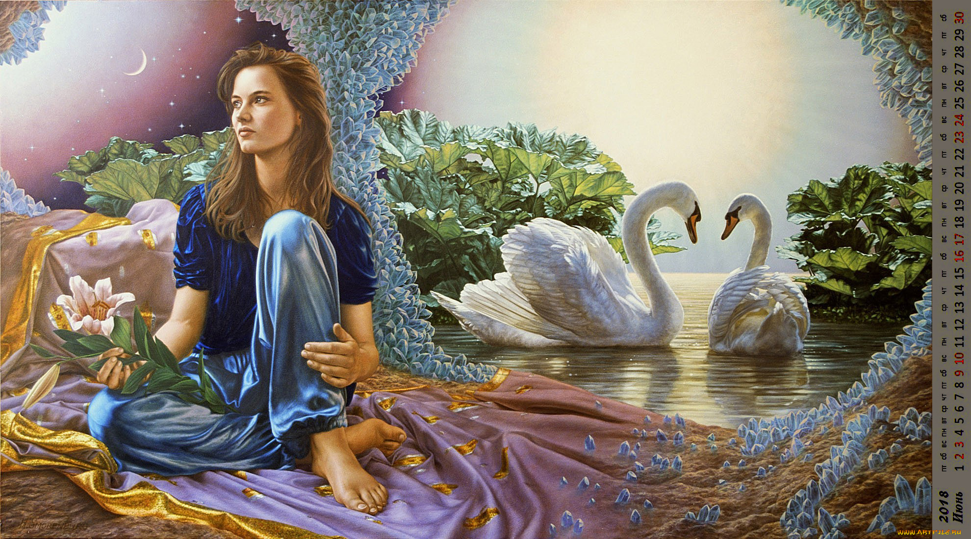 календари, рисованные, , векторная, графика, взгляд, девушка, цветы, лебеди