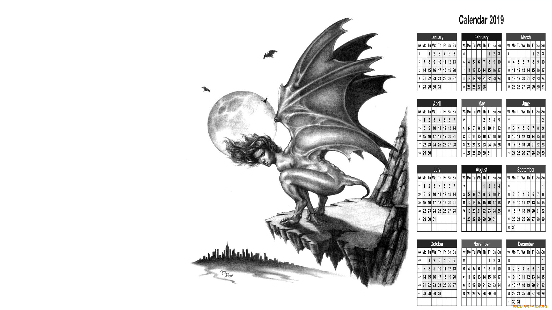 календари, фэнтези, существо, крылья