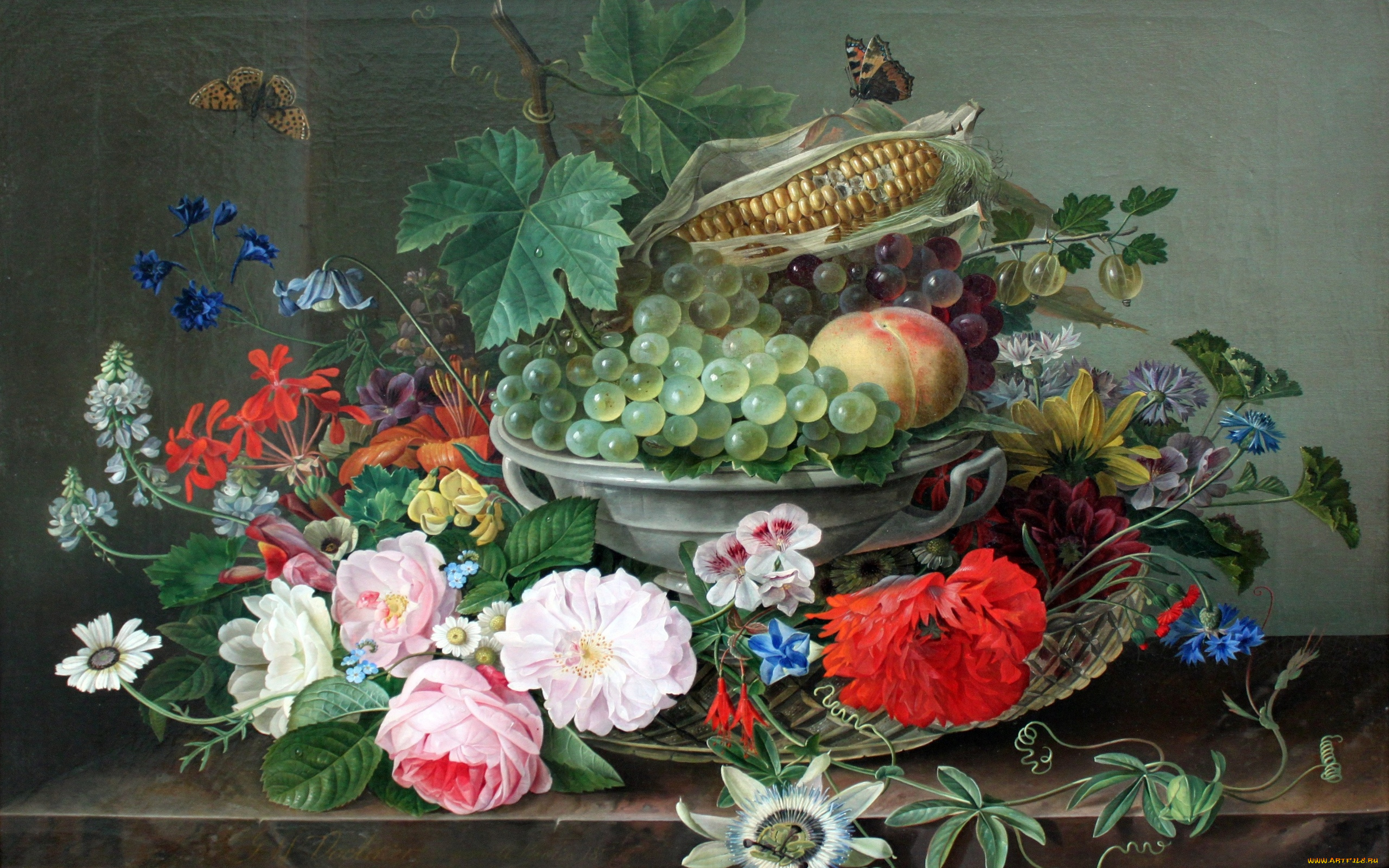 рисованное, живопись, кукуруза, натюрморт, цветы